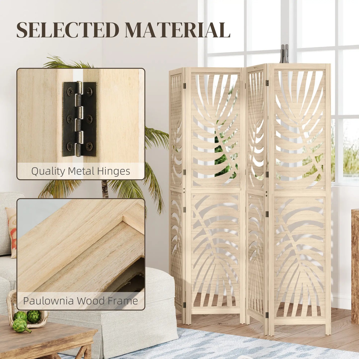 4 Panel Room Divider, Detachable Folding Privacy Screen, Palm Leaf Design, Natural Wood Finish Room Dividers at Gallery Canada