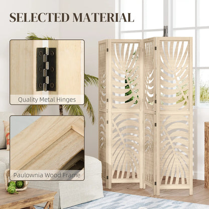4 Panel Room Divider, Detachable Folding Privacy Screen, Palm Leaf Design, Natural Wood Finish Room Dividers at Gallery Canada