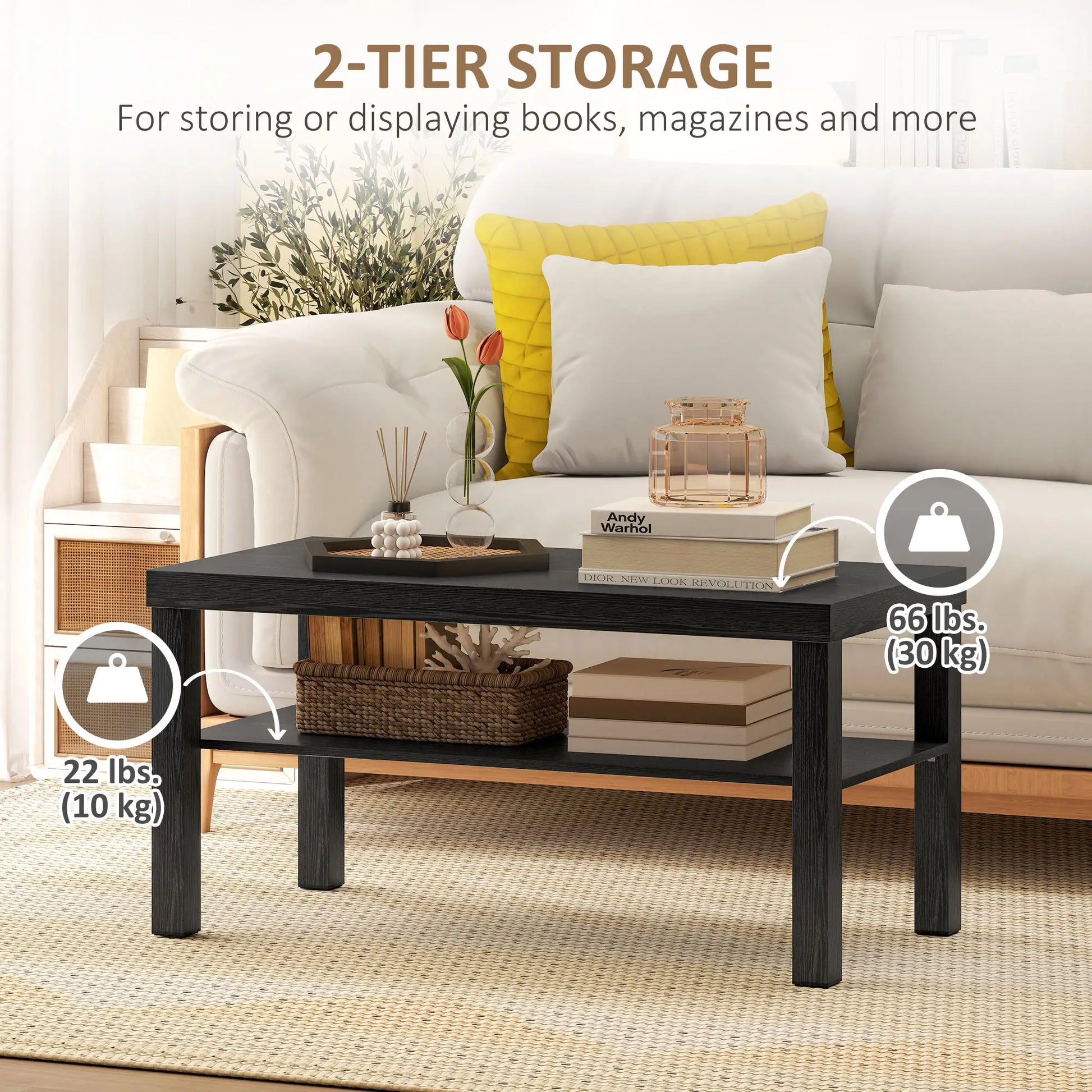 2 Tier Coffee Table, Rectangular Center Table with Storage Shelf, Black Coffee Tables at Gallery Canada