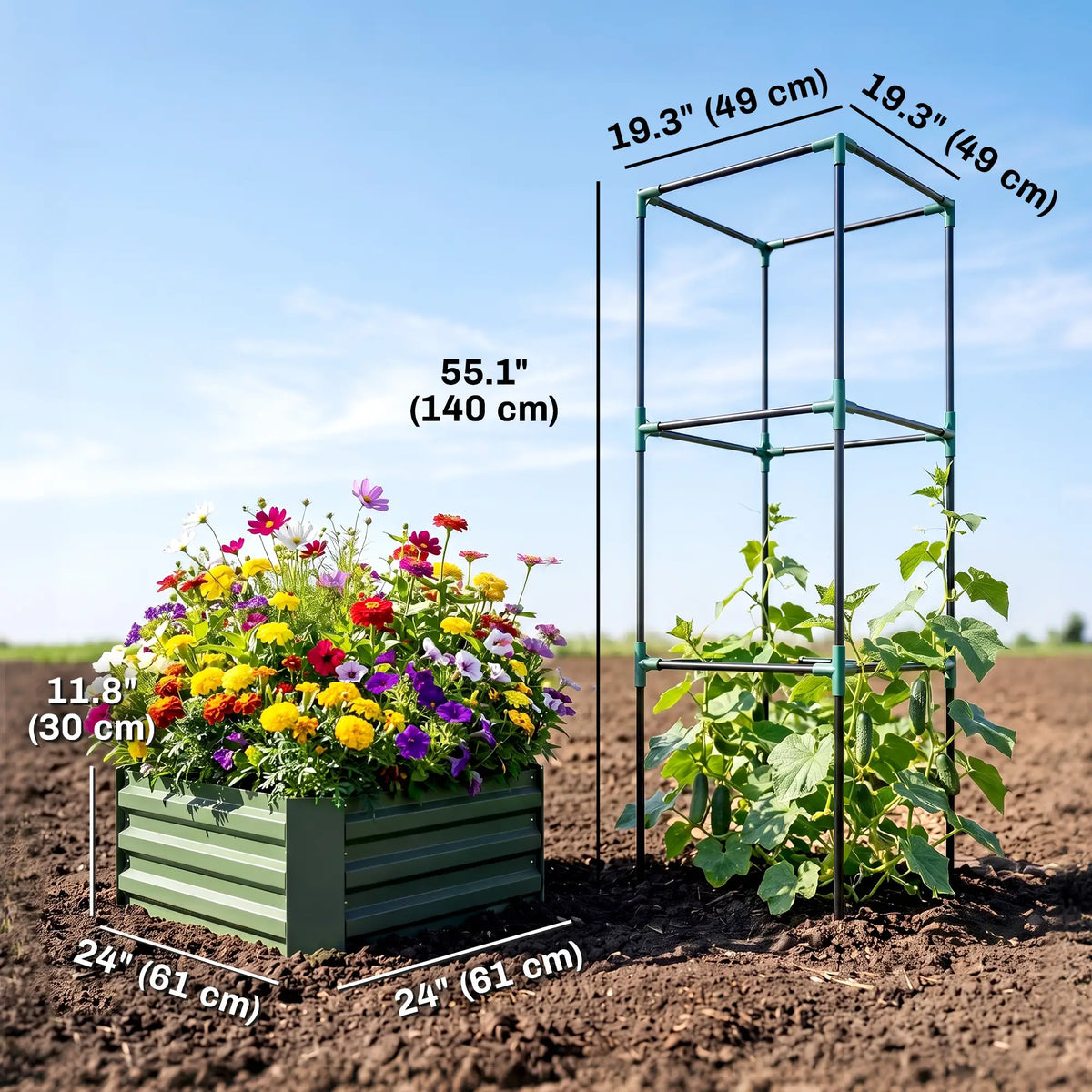 Boîte de plantation galvanisée, Lit de jardin surélevé extérieur, Cage à tomates à treillis à 3 niveaux