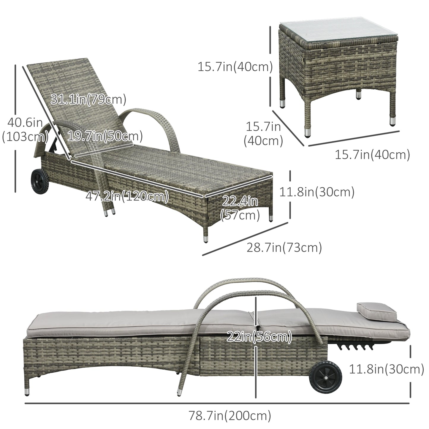 Rattan Lounge Set, Wheeled Chaise Chair with Glass Table, Mixed Grey, Grey Chaise Loungers at Gallery Canada