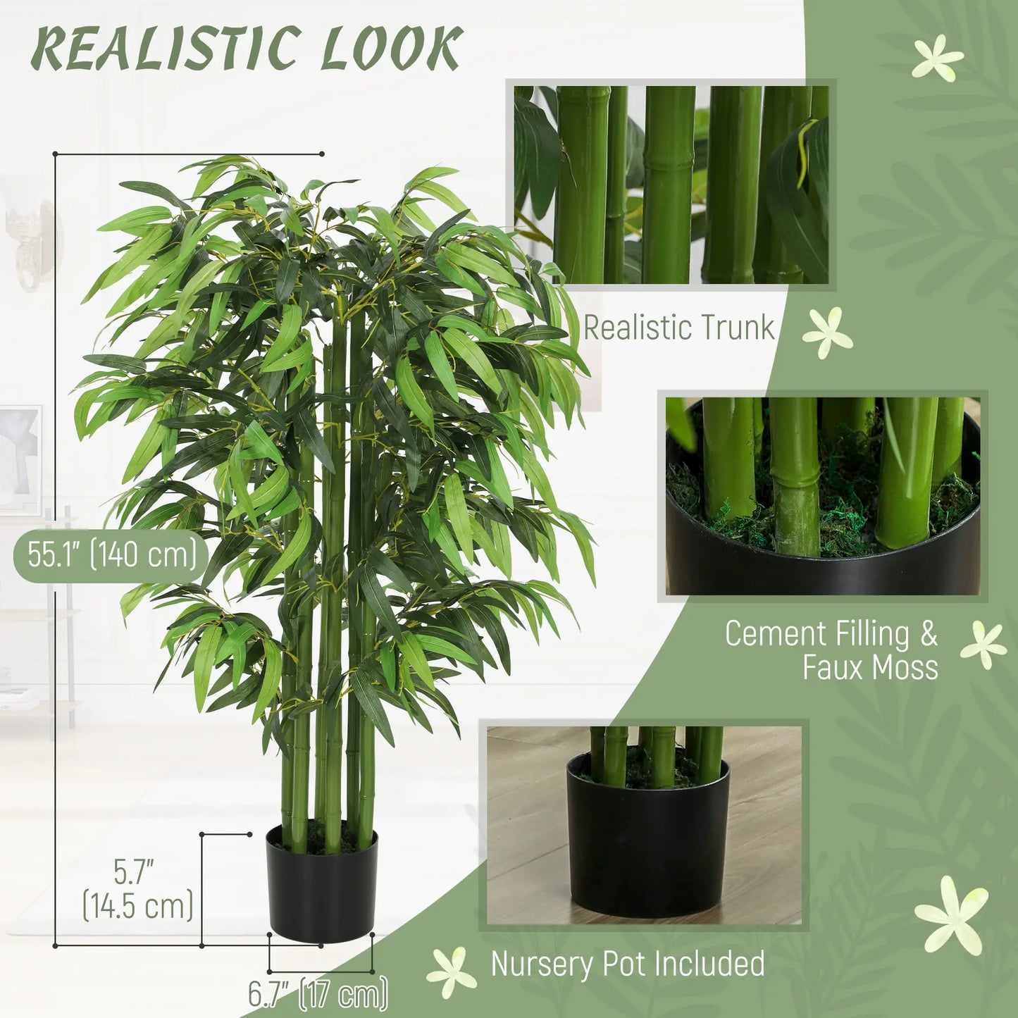 4.6FT Artificial Bamboo Tree Set, Decorative Faux Plant In Nursery Pot
