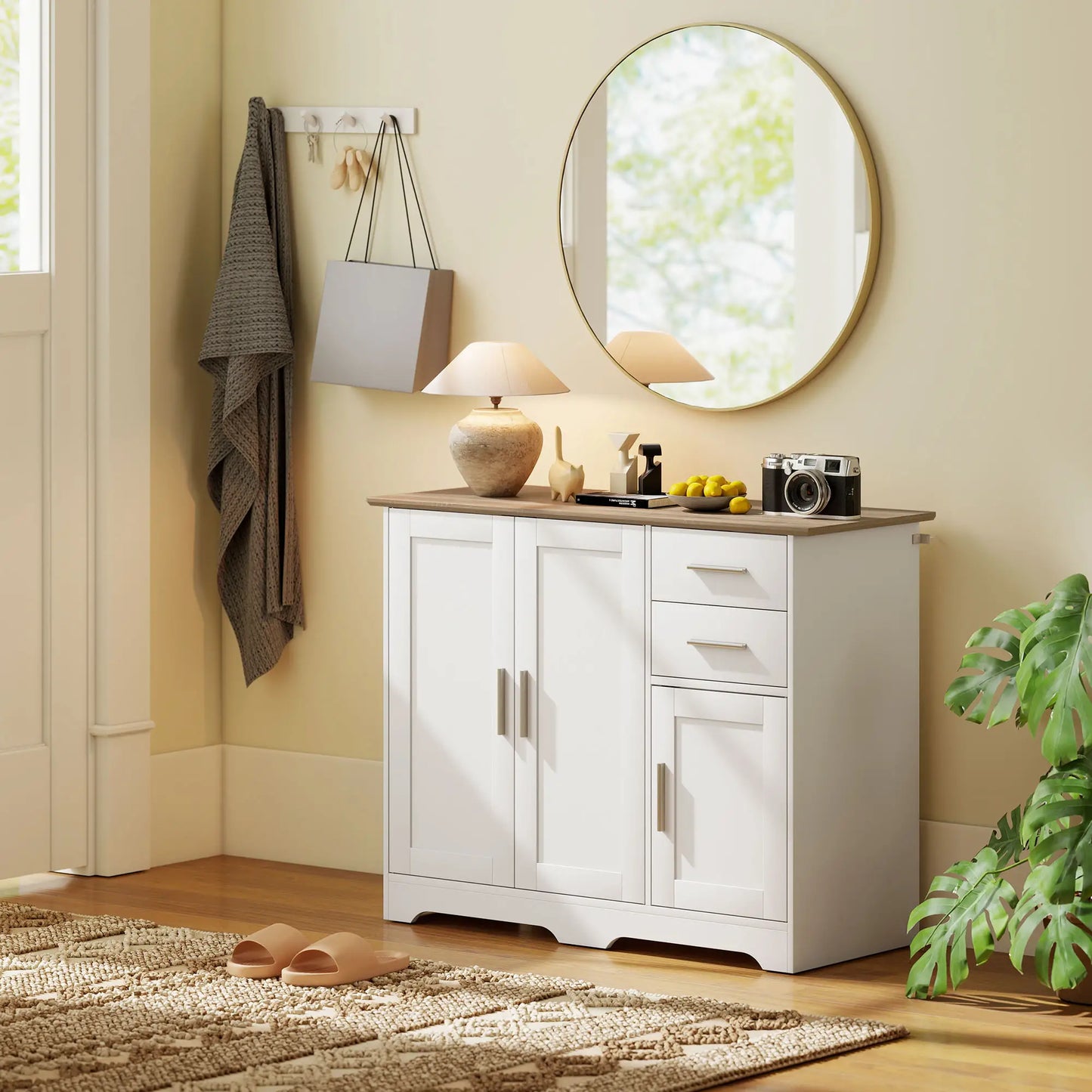 40" Sideboard Buffet Cabinet, Modern Kitchen Storage Cabinet with 2 Drawers, 3 Doors &; Adjustable Shelf, White Storage Cabinets at Gallery Canada