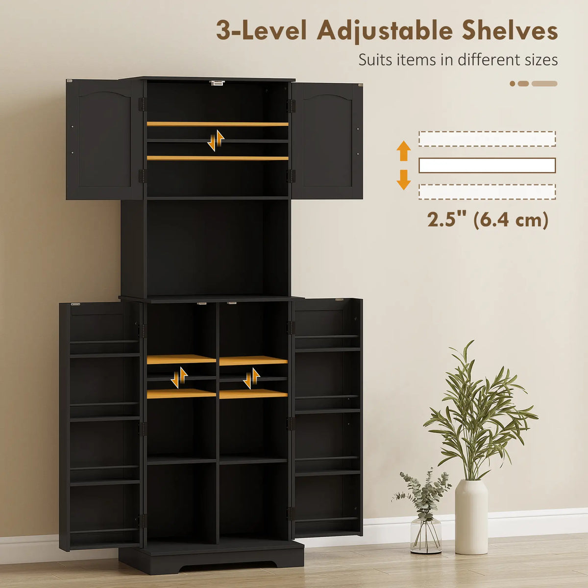 71.5" Tall Pantry Cabinet, Farmhouse Kitchen Storage, Adjustable Shelves, Black Kitchen Pantry Cabinets at Gallery Canada