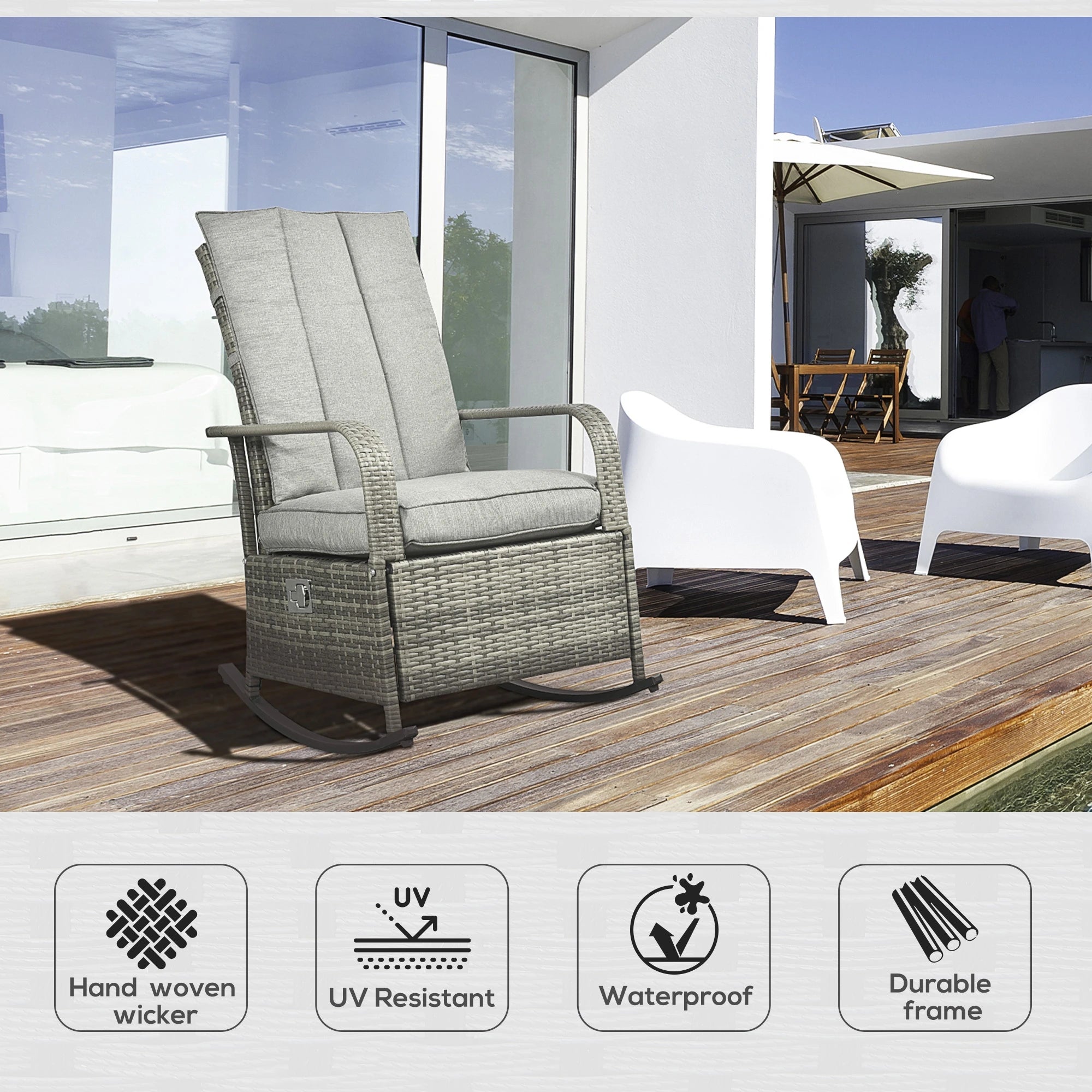 Outdoor Wicker Rocking Chair with Cushion, Adjustable Footrest, Grey Outdoor Rocking Chairs at Gallery Canada