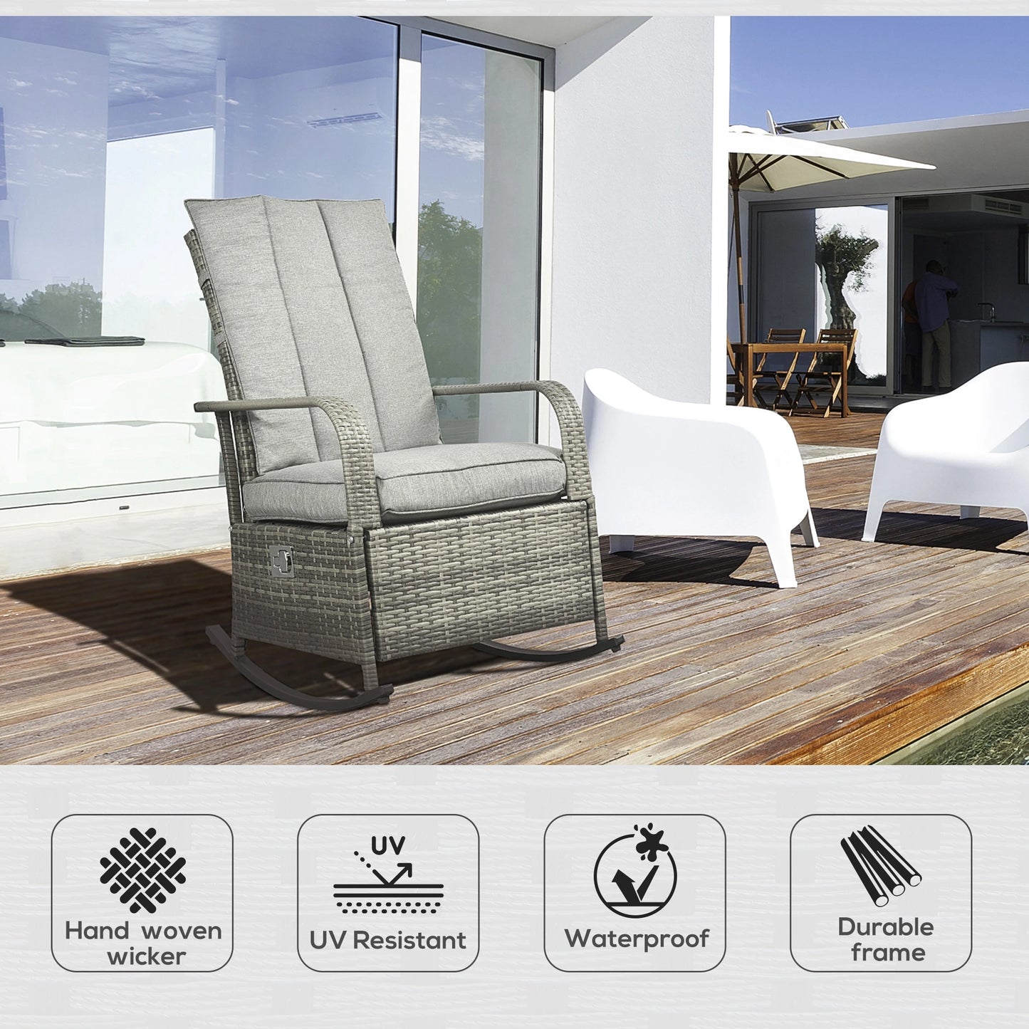Outdoor Wicker Rocking Chair with Cushion, Adjustable Footrest, Grey Outdoor Rocking Chairs at Gallery Canada