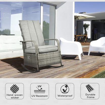 Outdoor Wicker Rocking Chair with Cushion, Adjustable Footrest, Grey Outdoor Rocking Chairs at Gallery Canada