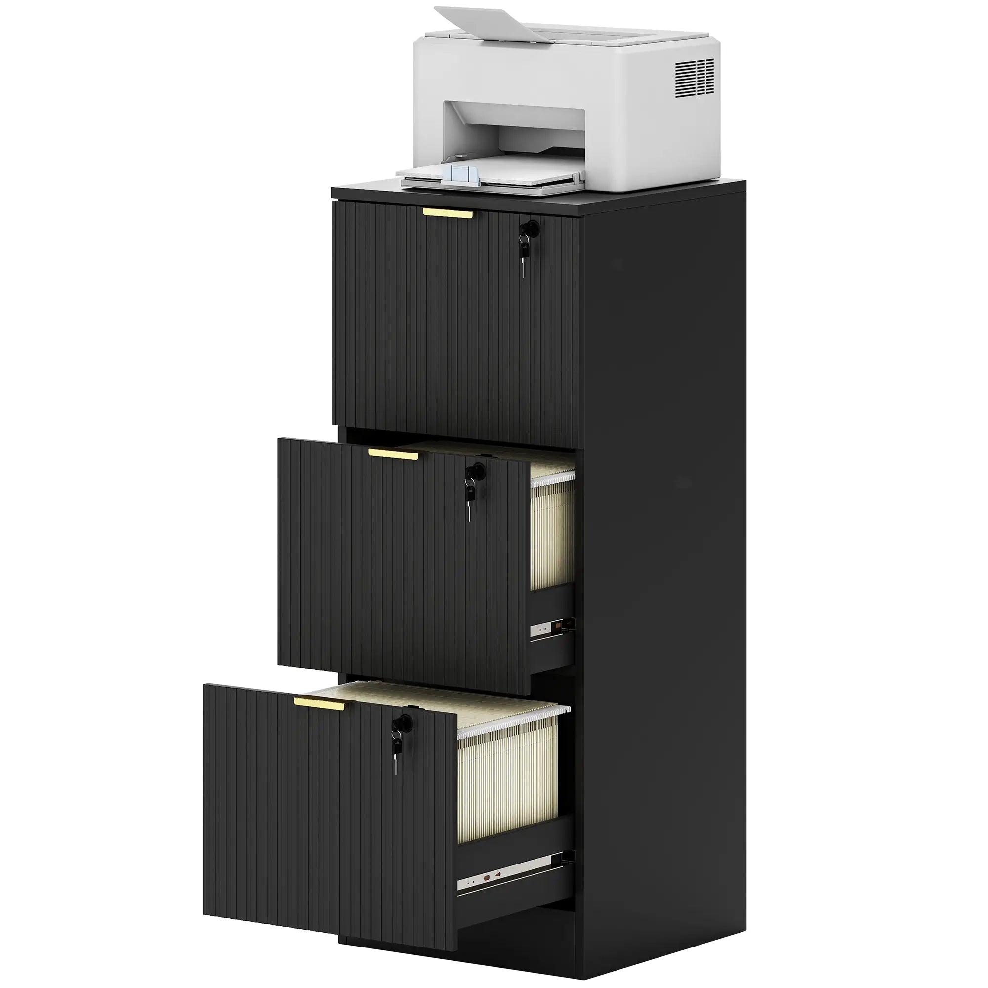 Lockable Filing Cabinet, 3 Fluted Drawers, Adjustable Hanging Rails, Black Office Cabinets & Cupboards Black at Gallery Canada