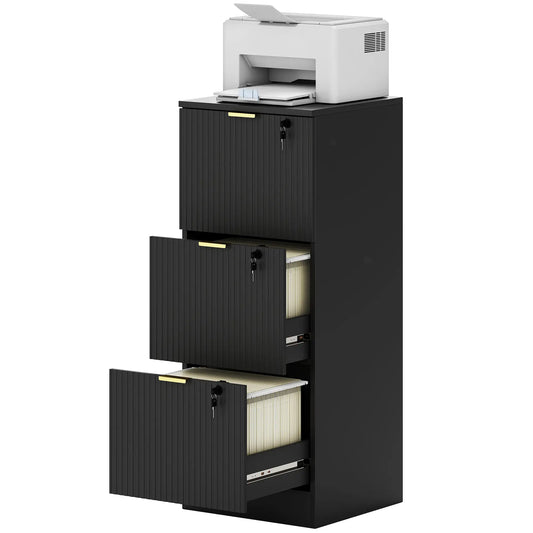 Lockable Filing Cabinet, 3 Fluted Drawers, Adjustable Hanging Rails, Black Office Cabinets & Cupboards Black at Gallery Canada