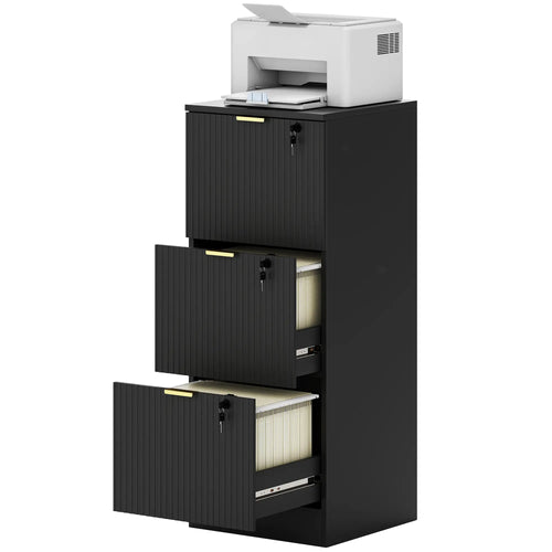 Lockable Filing Cabinet, 3 Fluted Drawers, Adjustable Hanging Rails, Black