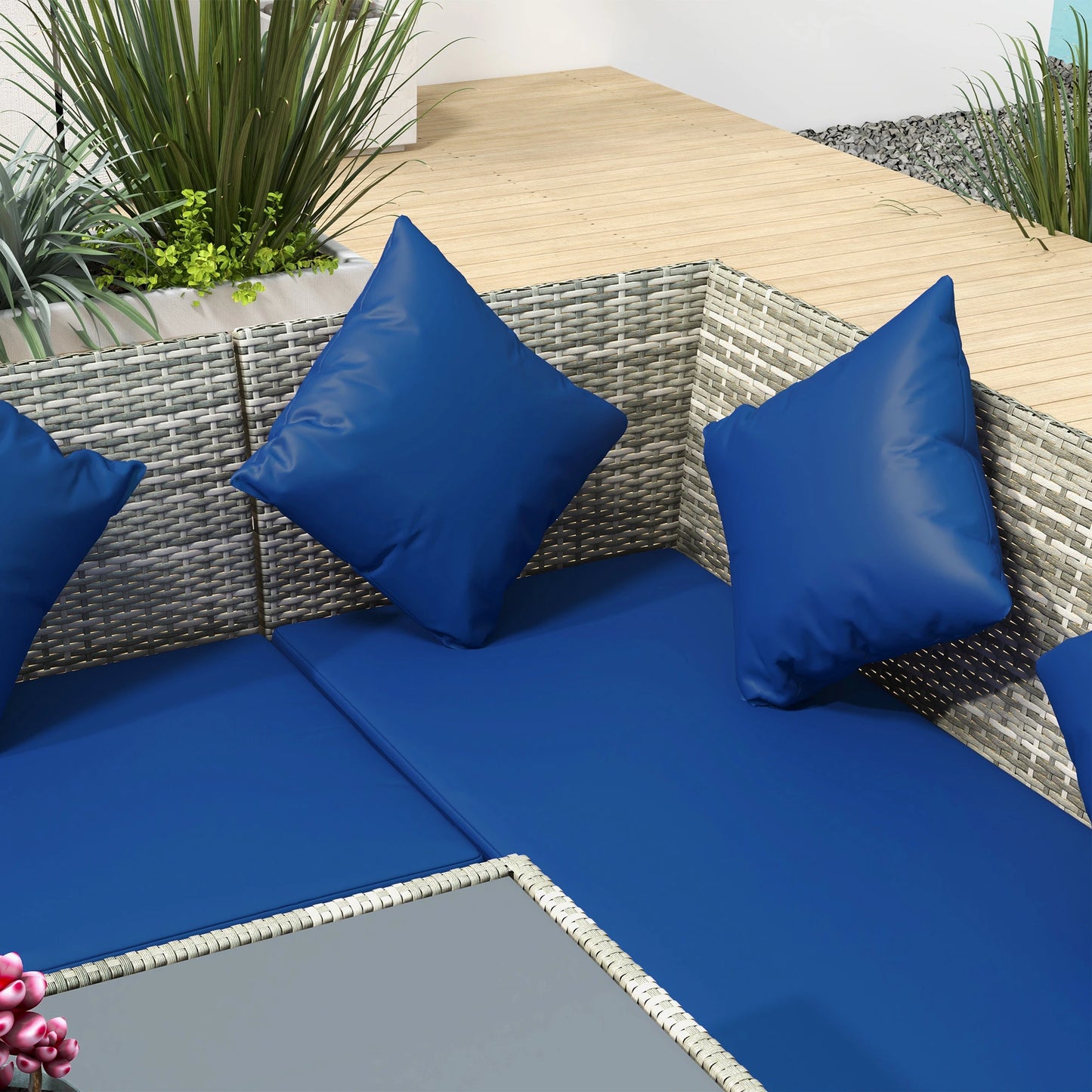 5-Piece Wicker Patio Set, Dining Table, Ottomans, Navy Blue Patio Furniture Sets at Gallery Canada
