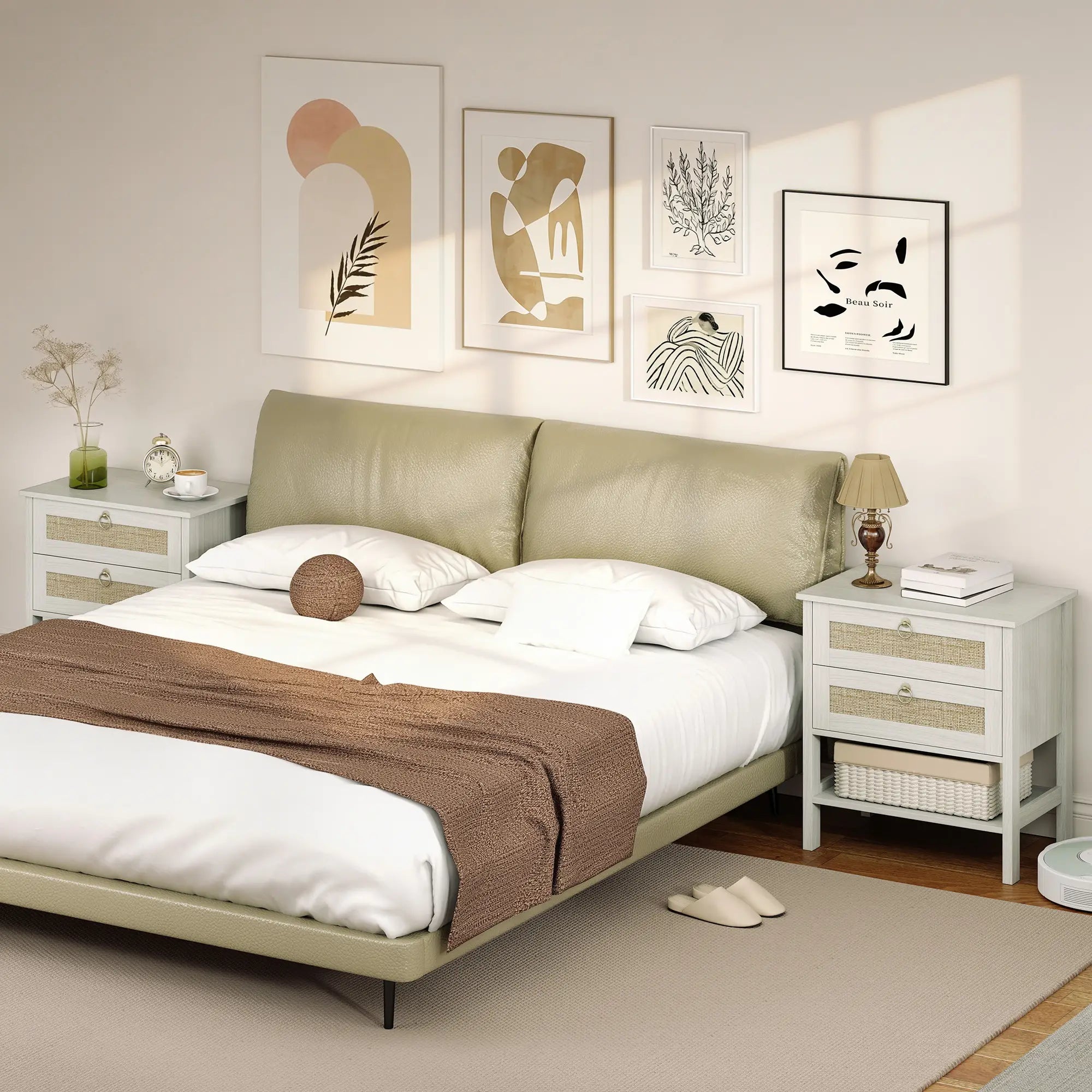 Set Of 2 Rattan Nightstands, 2 Drawers, Storage Shelf, White Oak Bedside Tables at Gallery Canada