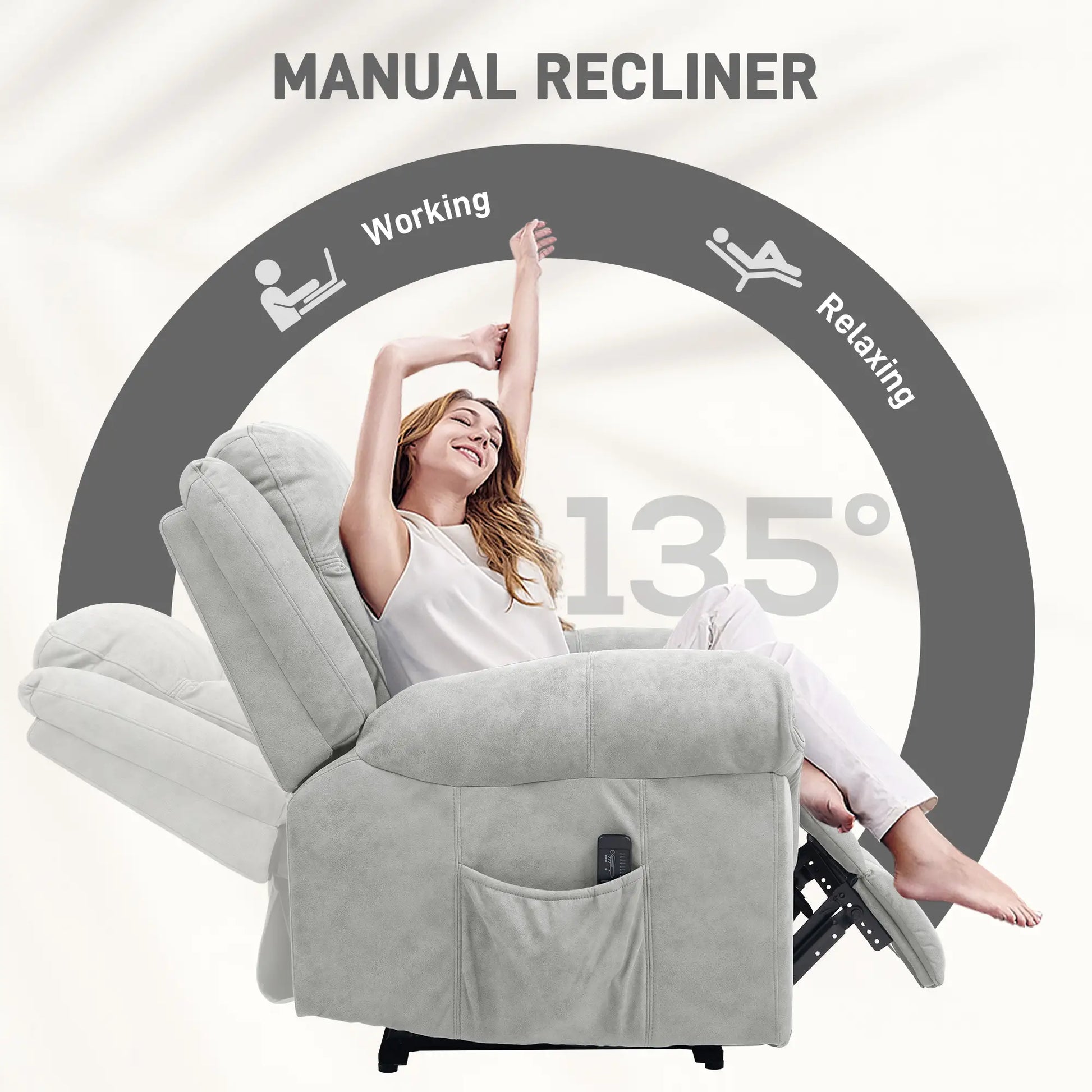 Manual Recliner Chair with Vibration Massage, Side Pockets, Microfibre Reclining Chair for Living Room, Grey Sofas & Reclining Chairs at Gallery Canada