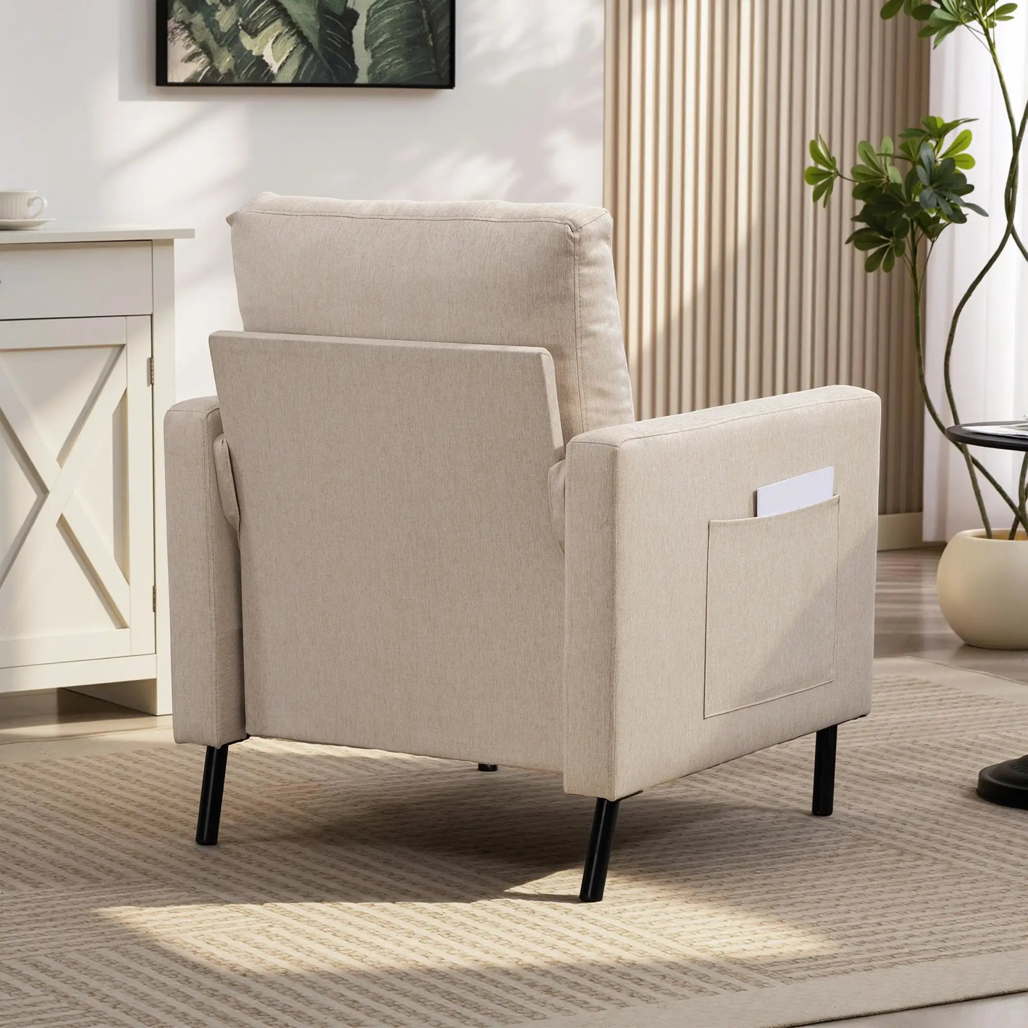 Modern Upholstered Armchair With Side Pockets, Cushion, Beige Accent Chairs at Gallery Canada