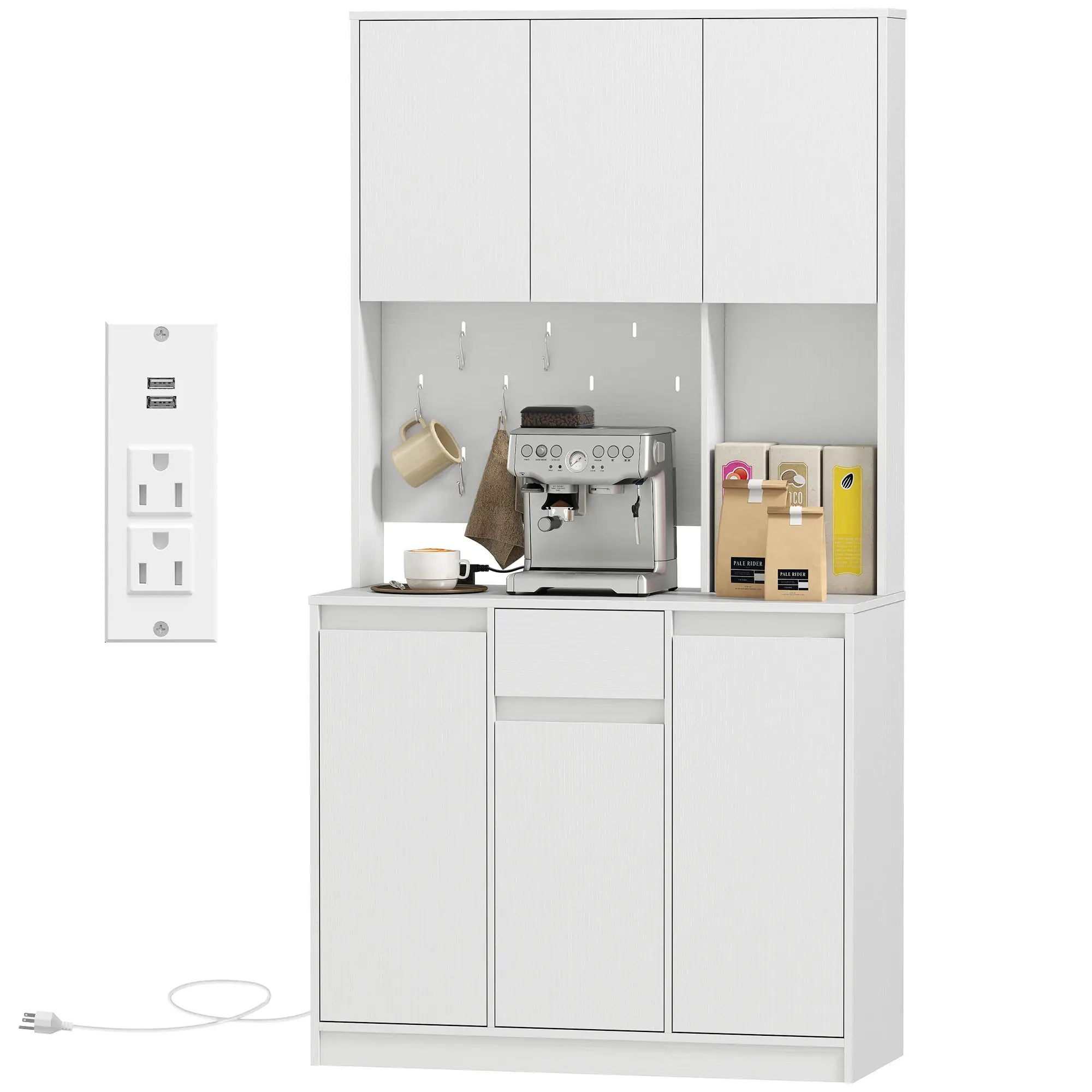 71 Inch Pantry Cabinet with Charging Station, Microwave Stand, Pegboard, White Kitchen Pantry Cabinets White at Gallery Canada
