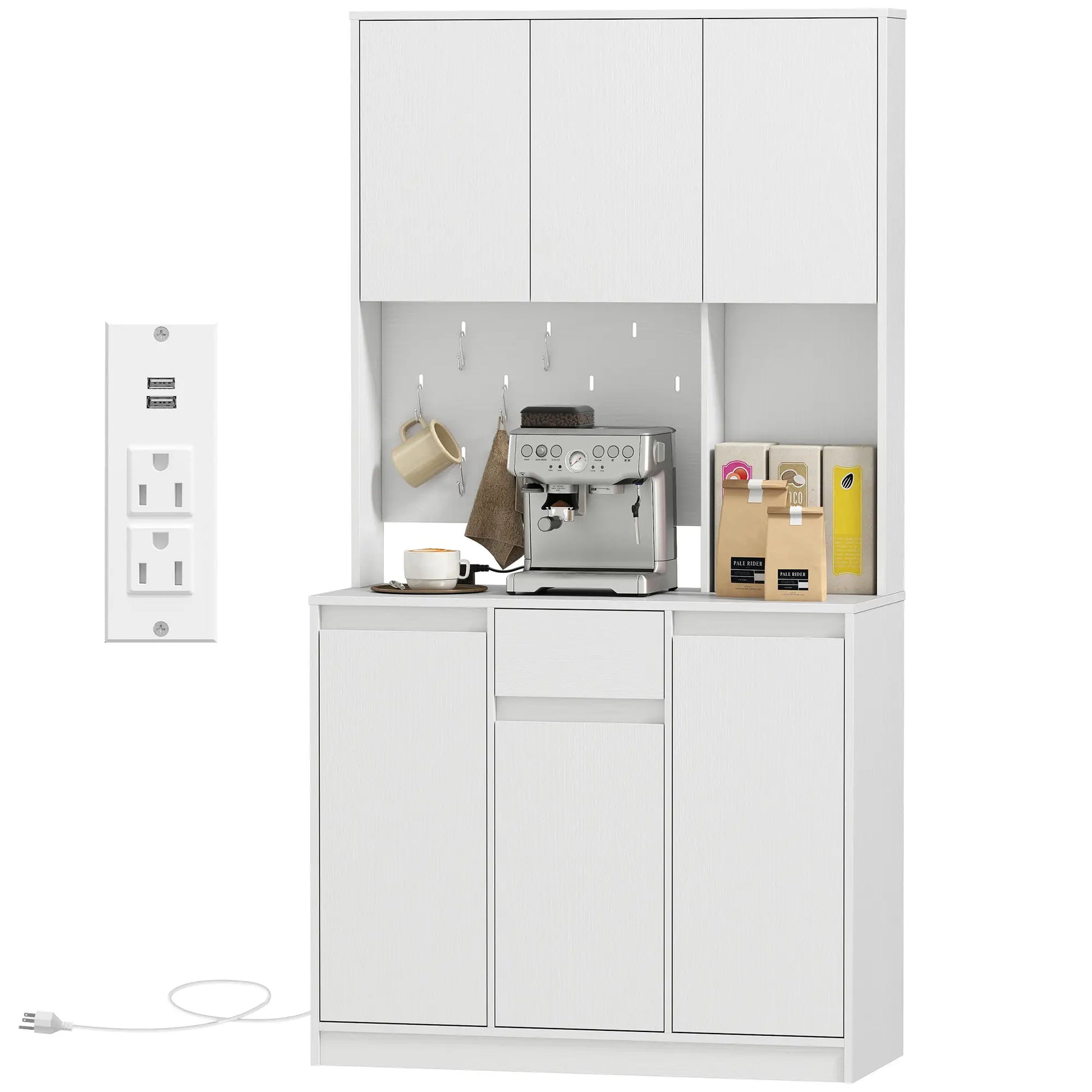 71 Inch Pantry Cabinet with Charging Station, Microwave Stand, Pegboard, White Kitchen Pantry Cabinets White at Gallery Canada