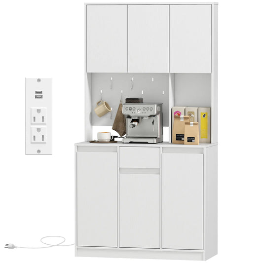 71 Inch Pantry Cabinet with Charging Station, Microwave Stand, Pegboard, White Kitchen Pantry Cabinets White at Gallery Canada