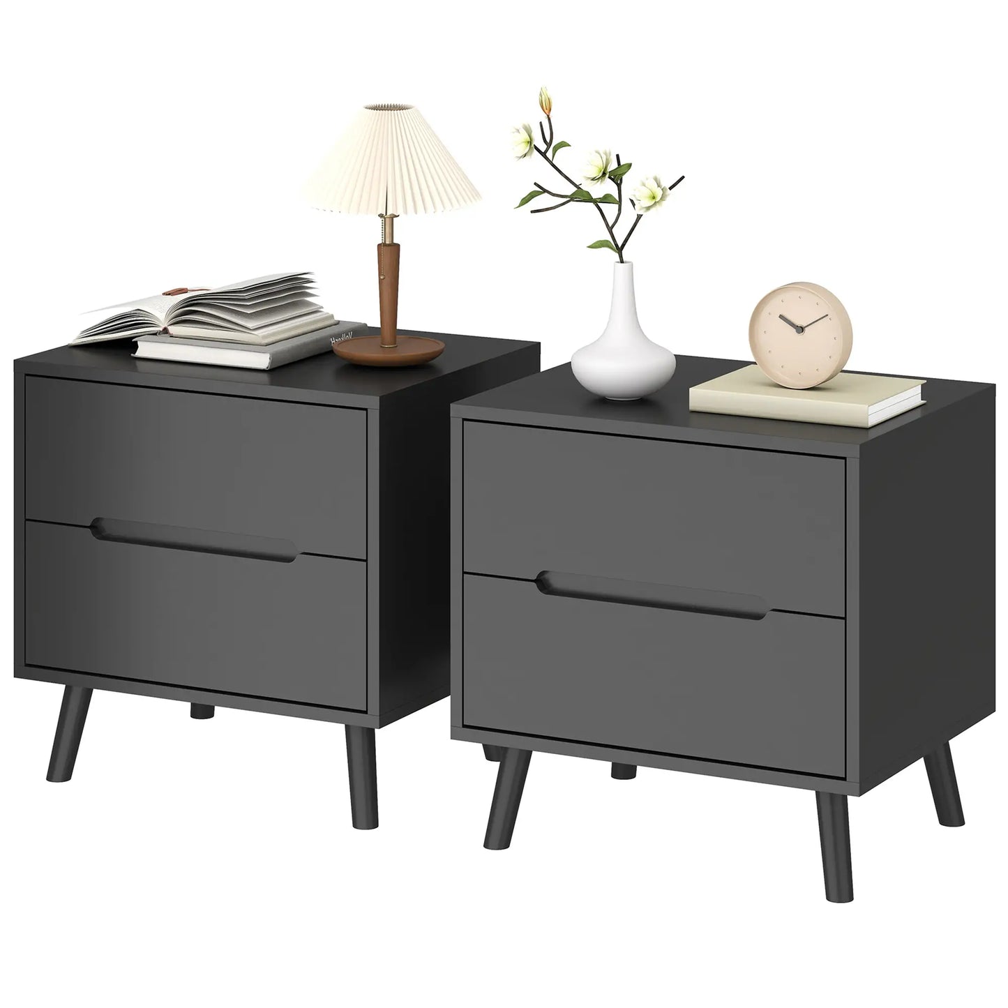 Modern Nightstands Set Of 2, 2 Drawers, Solid Wood Legs, Black Bedside Tables Black at Gallery Canada