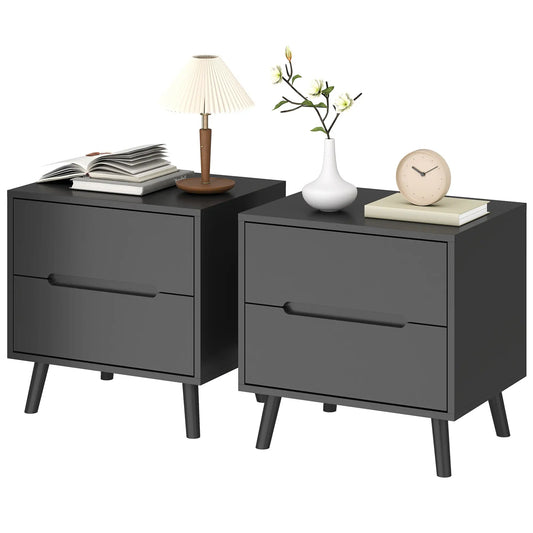 Modern Nightstands Set Of 2, 2 Drawers, Solid Wood Legs, Black Bedside Tables Black at Gallery Canada