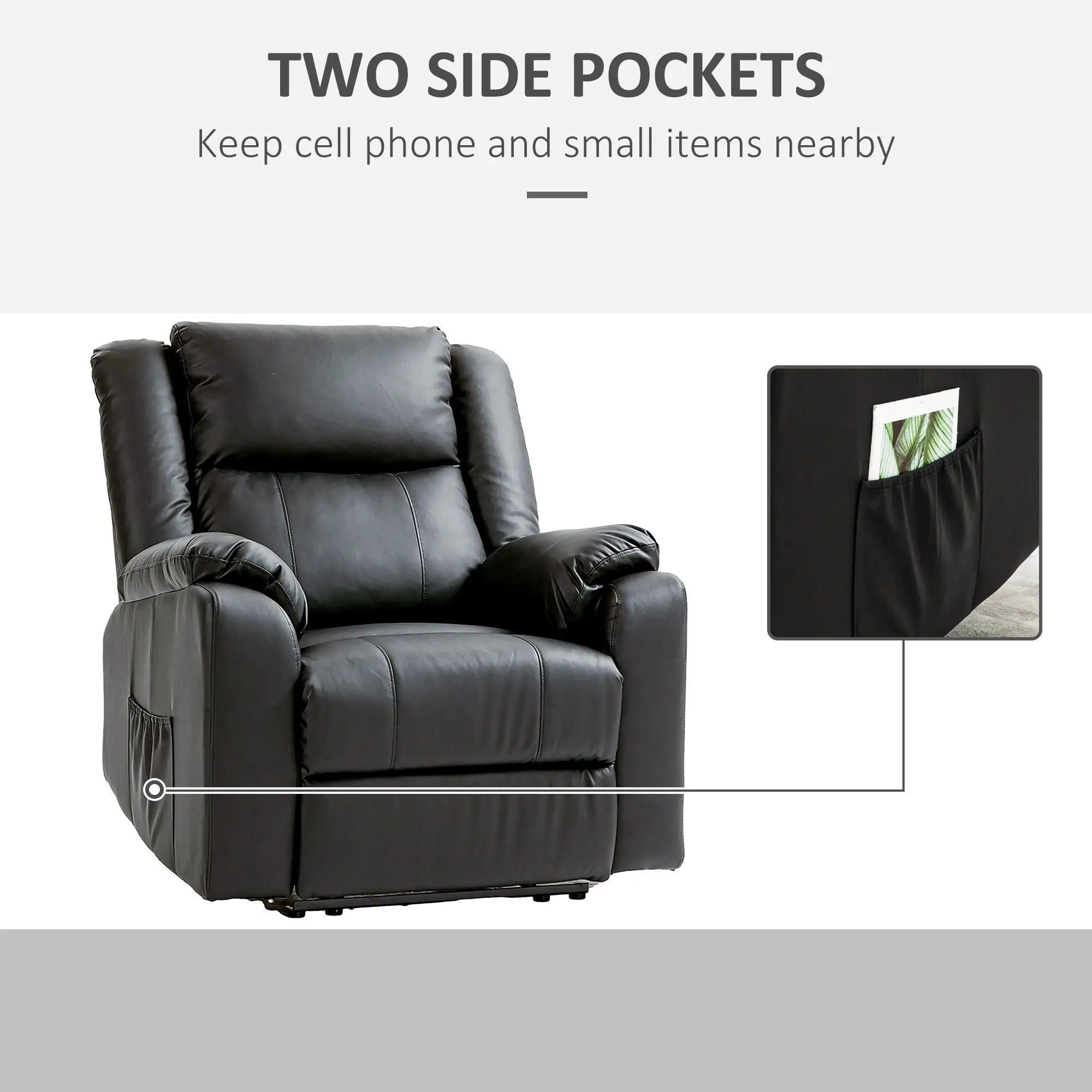 PU Leather Reclining Chair, Recliner Chair for Living Room with Footrest and 2 Side Pockets, Black Single Sofas at Gallery Canada