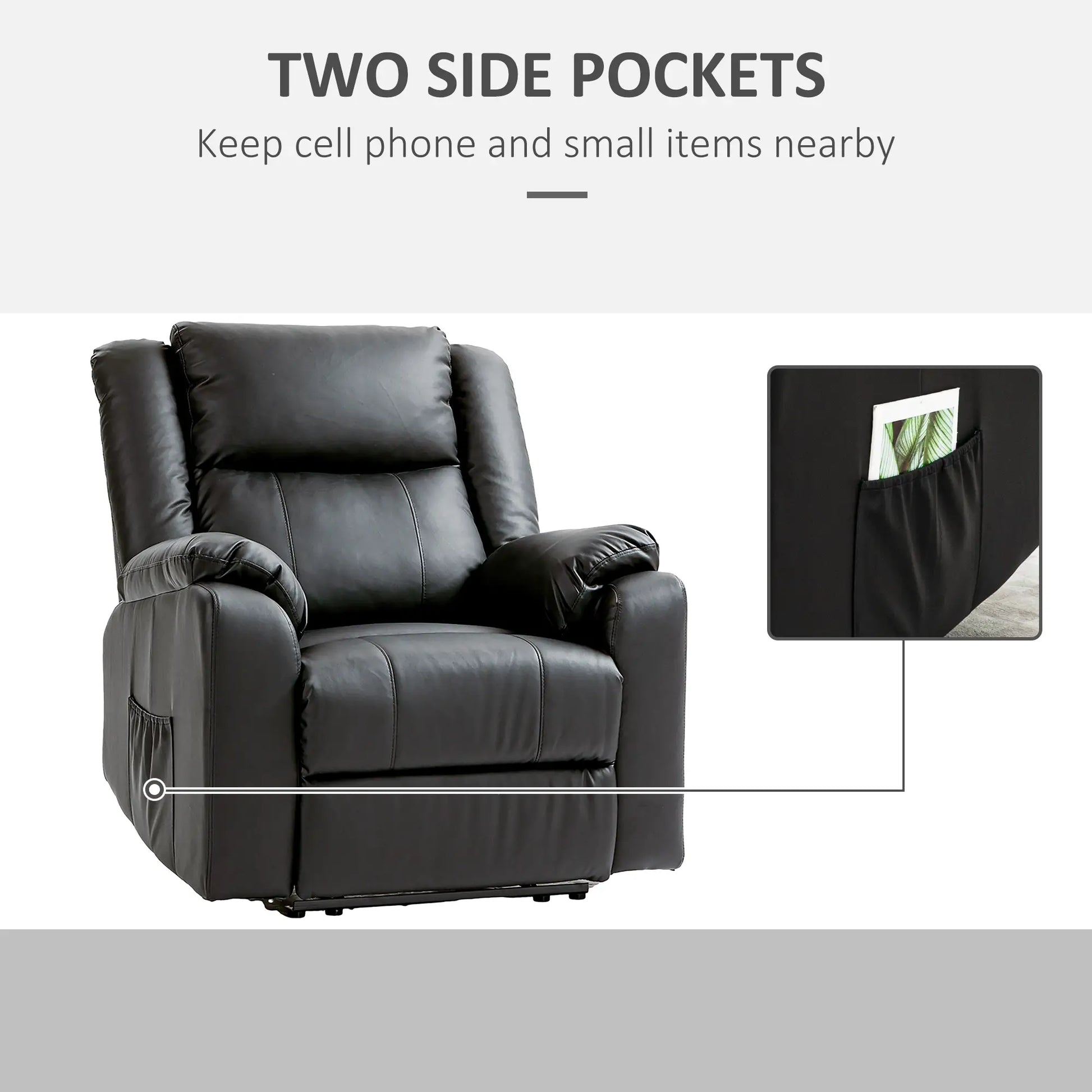 PU Leather Reclining Chair, Recliner Chair for Living Room with Footrest and 2 Side Pockets, Black Single Sofas at Gallery Canada