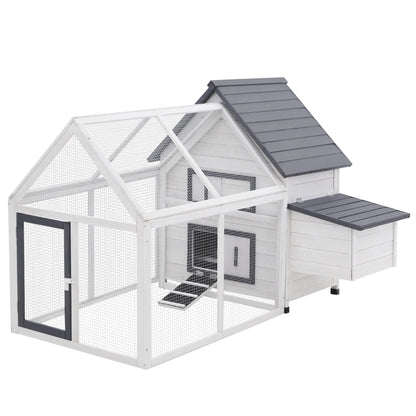 65" Wooden Chicken Coop, Rabbit Hutch with Nesting Box, Ramp Chicken Coops White and Grey at Gallery Canada