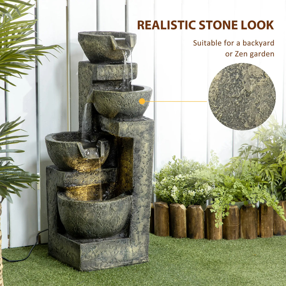 Outdoor Fountain, 4-Tier Stone Look Bowls, Adjustable Flow, LED Lights Water Fountains at Gallery Canada