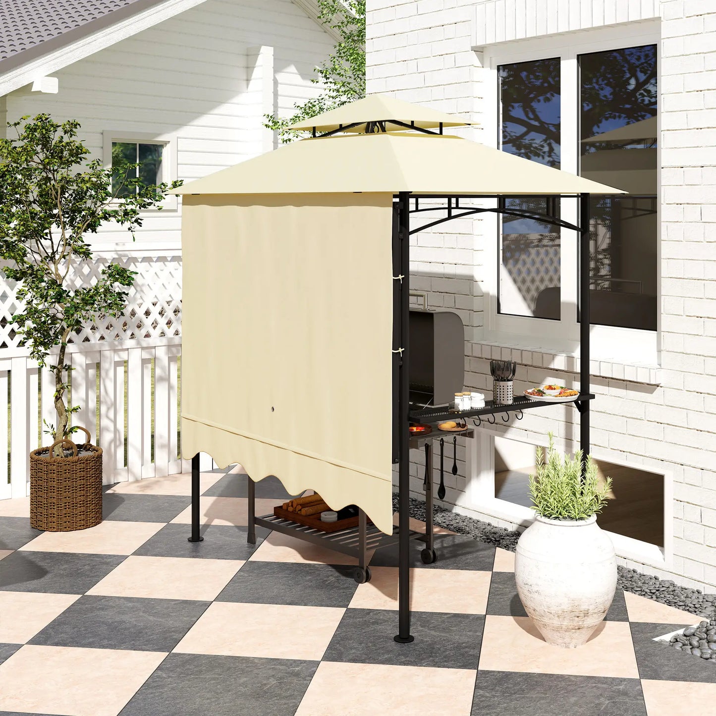8' x 7.6' Grill Gazebo, Double Tiered, With Side Awning, Beige BBQ Grill Gazebos at Gallery Canada