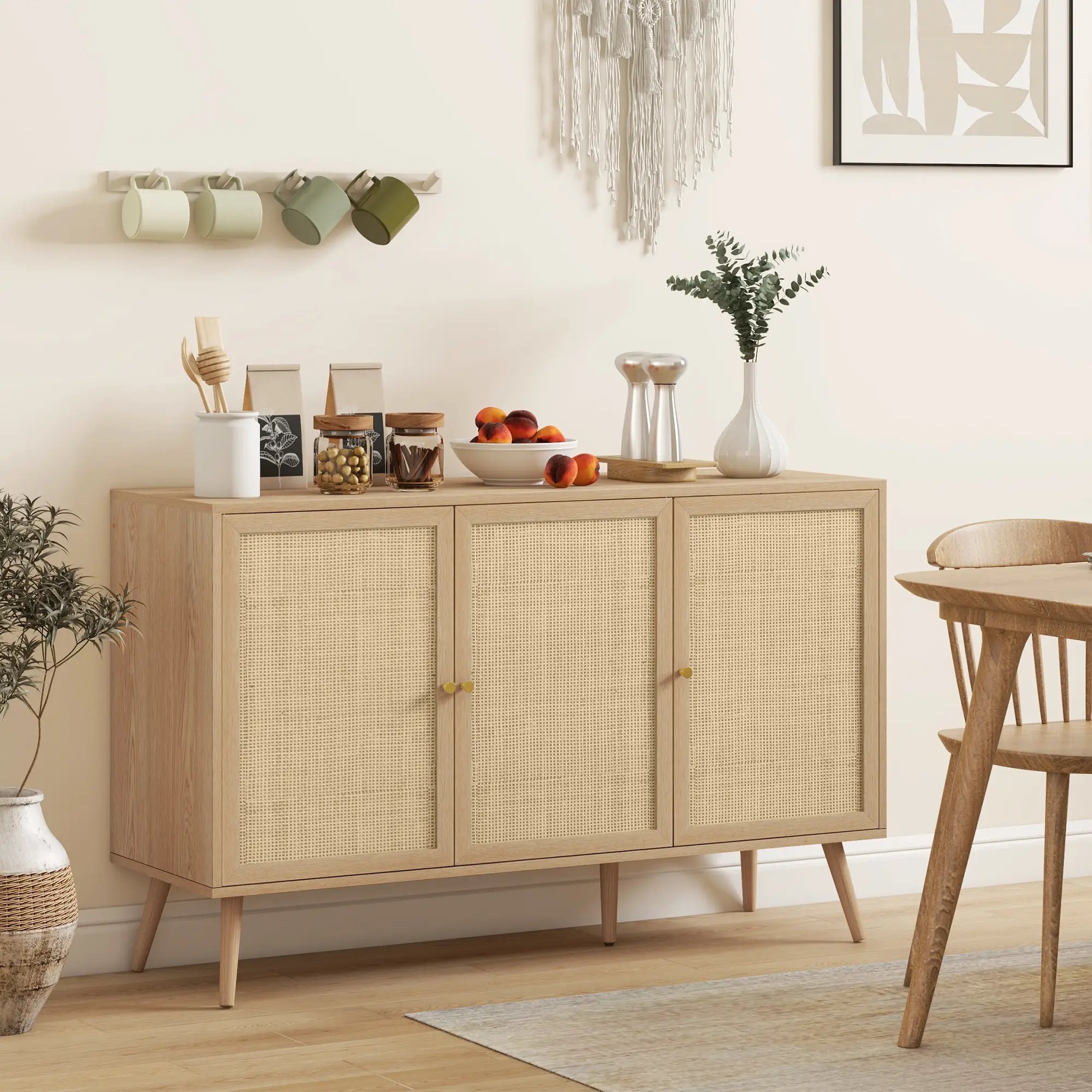 Boho Kitchen Sideboard Cabinet, Shelves, Wood Legs, Rattan Doors, Natural Storage Cabinets at Gallery Canada