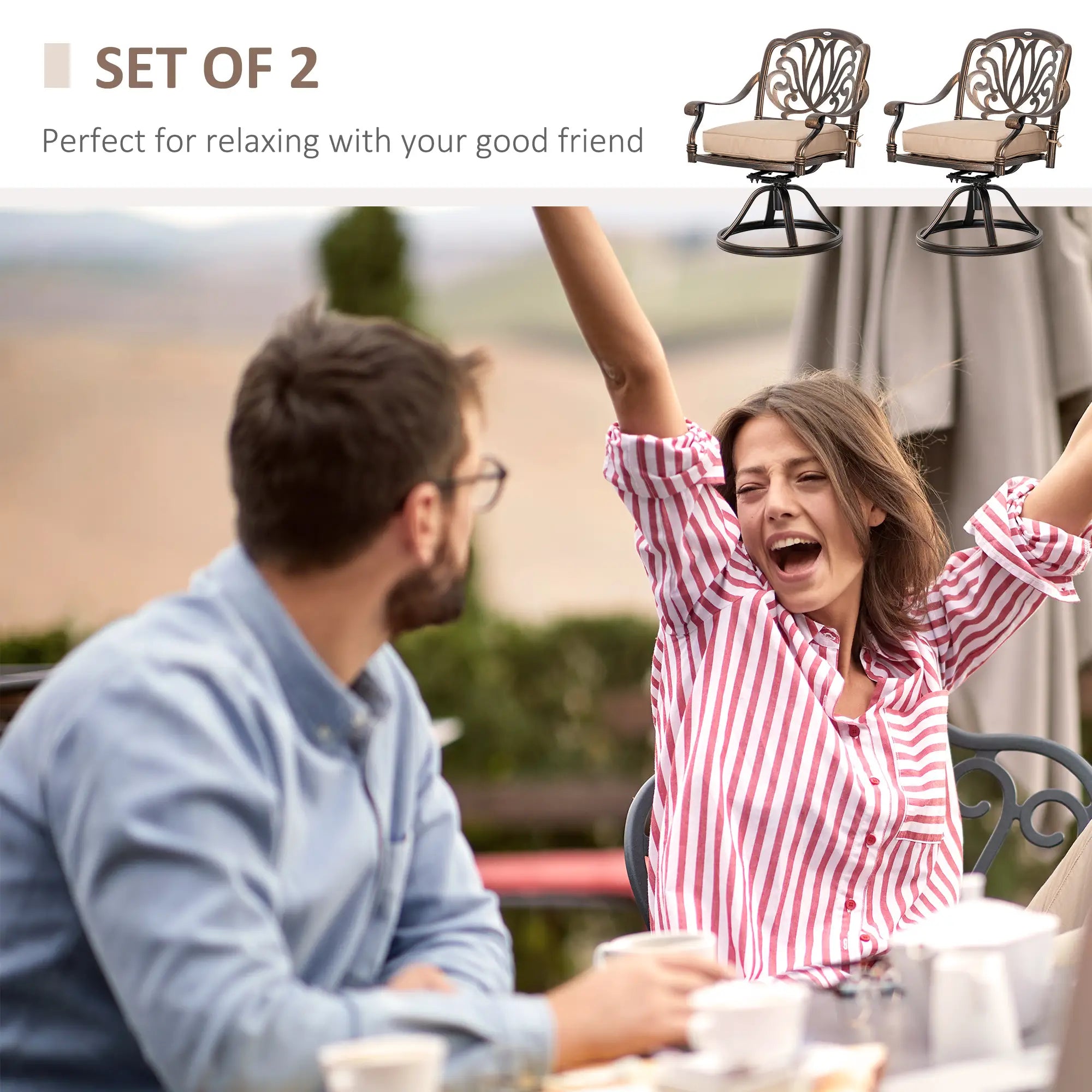 2 Patio Swivel Chairs with Cushion, Aluminum Frame, 3