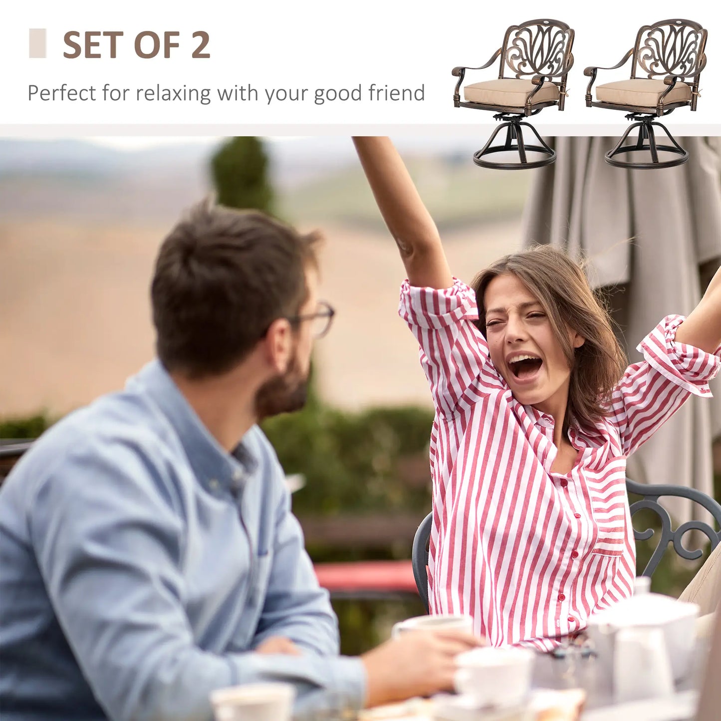 2 Patio Swivel Chairs with Cushion, Aluminum Frame, 3" Thick, Bronze Bistro Sets at Gallery Canada