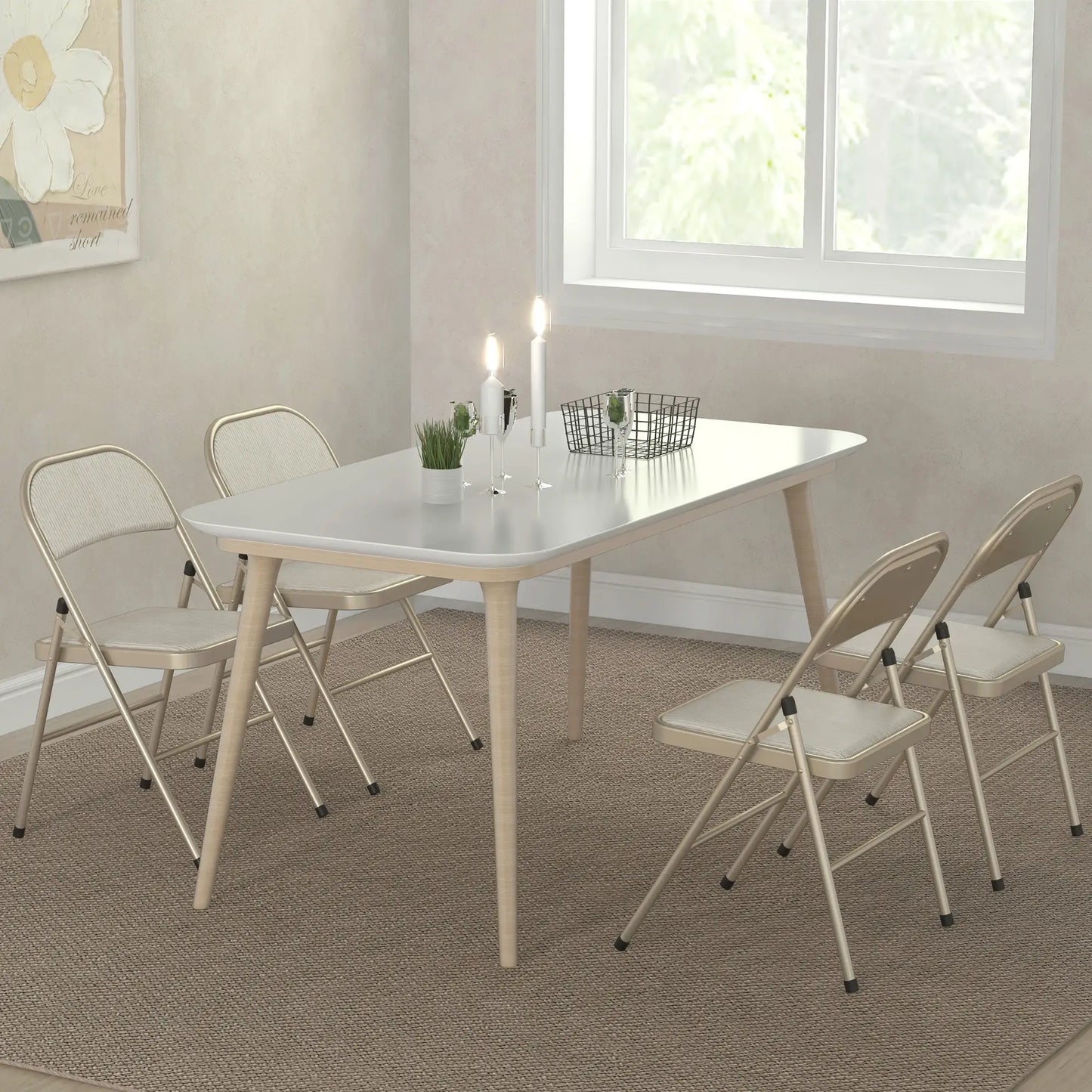 Set of 4 Metal Foldable Chairs, Linen Padded with Cushion Seat, Beige Dining Chairs at Gallery Canada