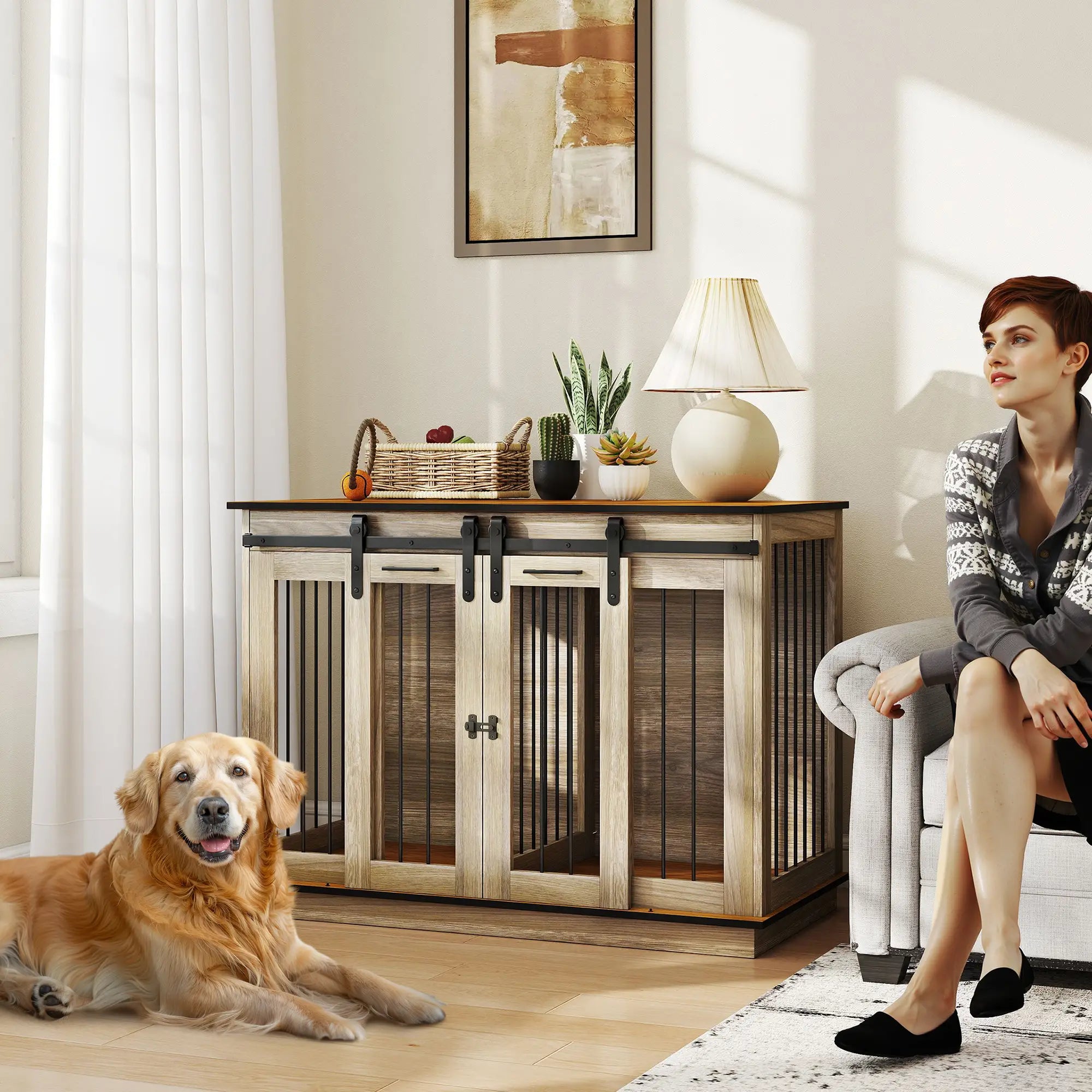 47in Wooden Dog Crate Furniture, Kennel TV Stand, Pet House Side Table, Oak Houses, Kennels & Pens at Gallery Canada