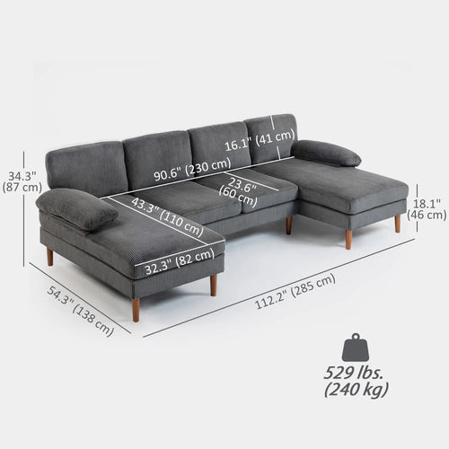 U Shape Couch with Double Chaise, Modern 4 Seater Sofa, Dark Grey