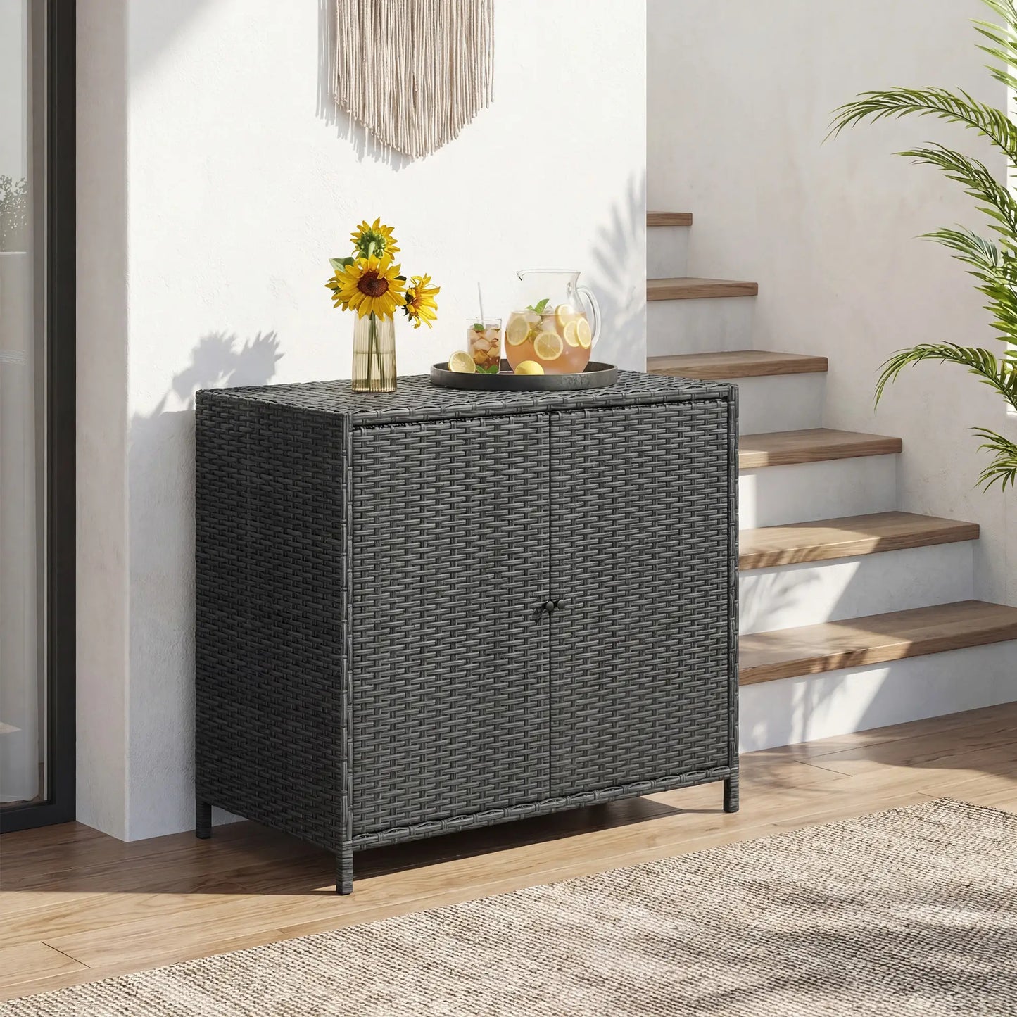 Outdoor Storage Cabinet, Double Magnetic Doors, PE Rattan Towel Rack, Dark Grey Patio Storage Boxes at Gallery Canada
