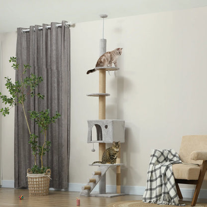 89"-104" Cat Tree, Scratching Post, Cat House, 3-Steps, Hanging Ball, Light Grey Floor to Ceiling Cat Trees at Gallery Canada
