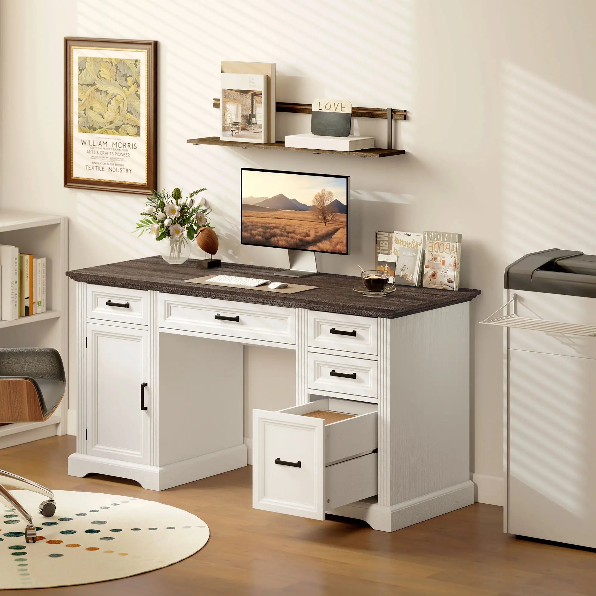 58 Inch Home Office Desk, Farmhouse Executive Desk with Drawers, White Computer Desks at Gallery Canada