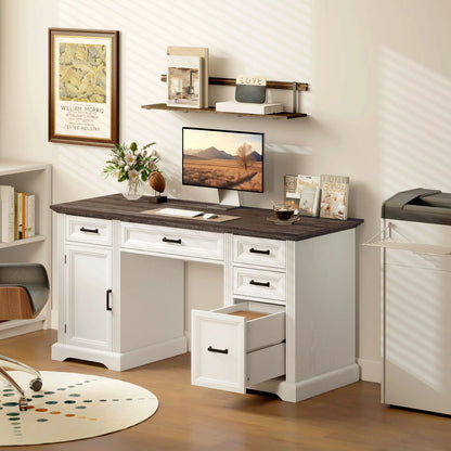 58 Inch Home Office Desk, Farmhouse Executive Desk with Drawers, White Computer Desks at Gallery Canada