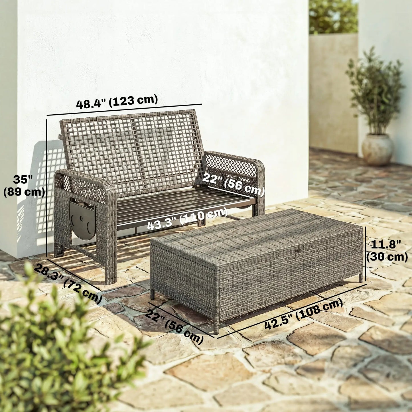 Patio Lounge Chair Set, 2 Pieces With Cushions, Adjustable Backrest, Side Trays Wicker Chaise Loungers at Gallery Canada