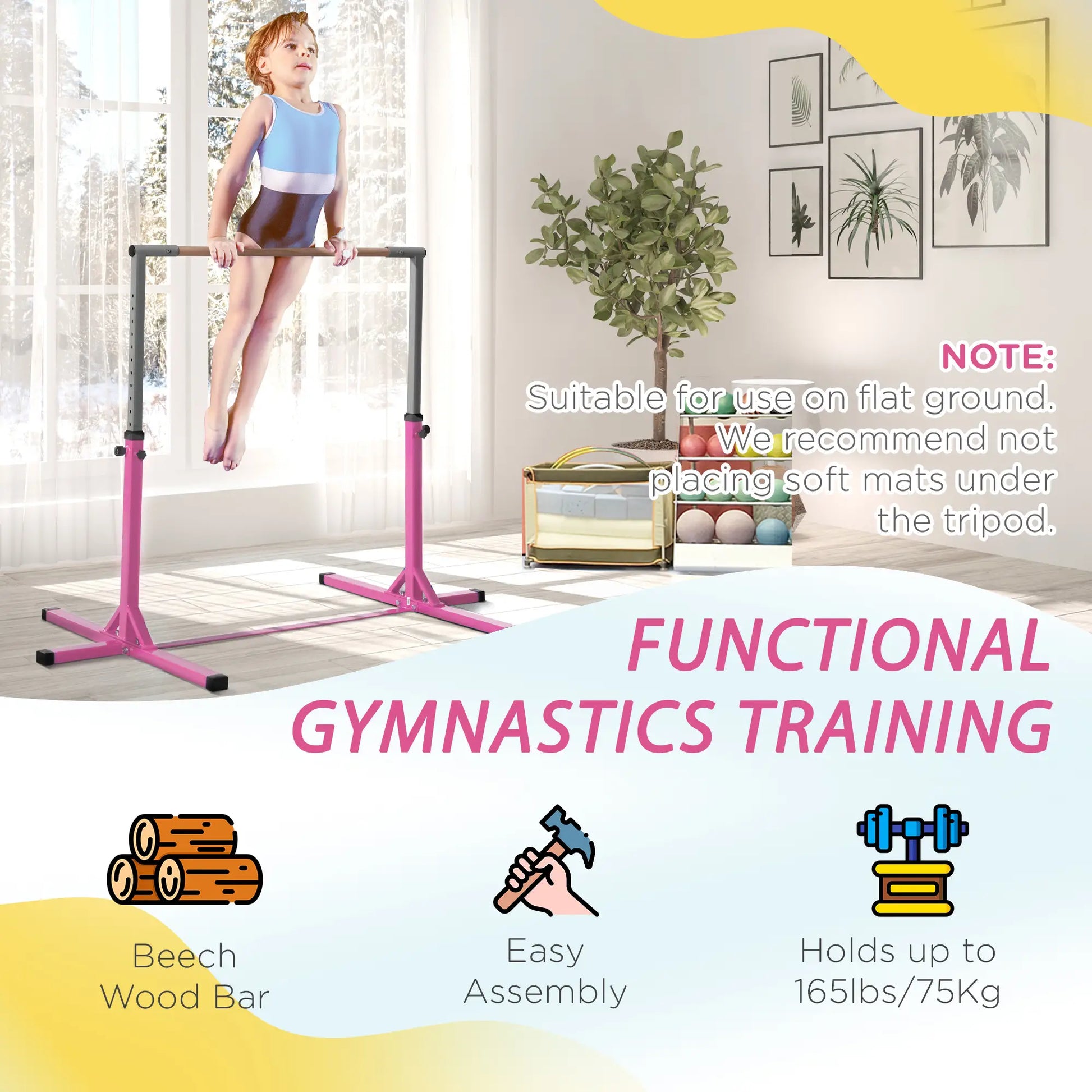 Kids Gymnastics Bar, 13-Level Adjustable Height, Pink Baby Gym & Playmats at Gallery Canada