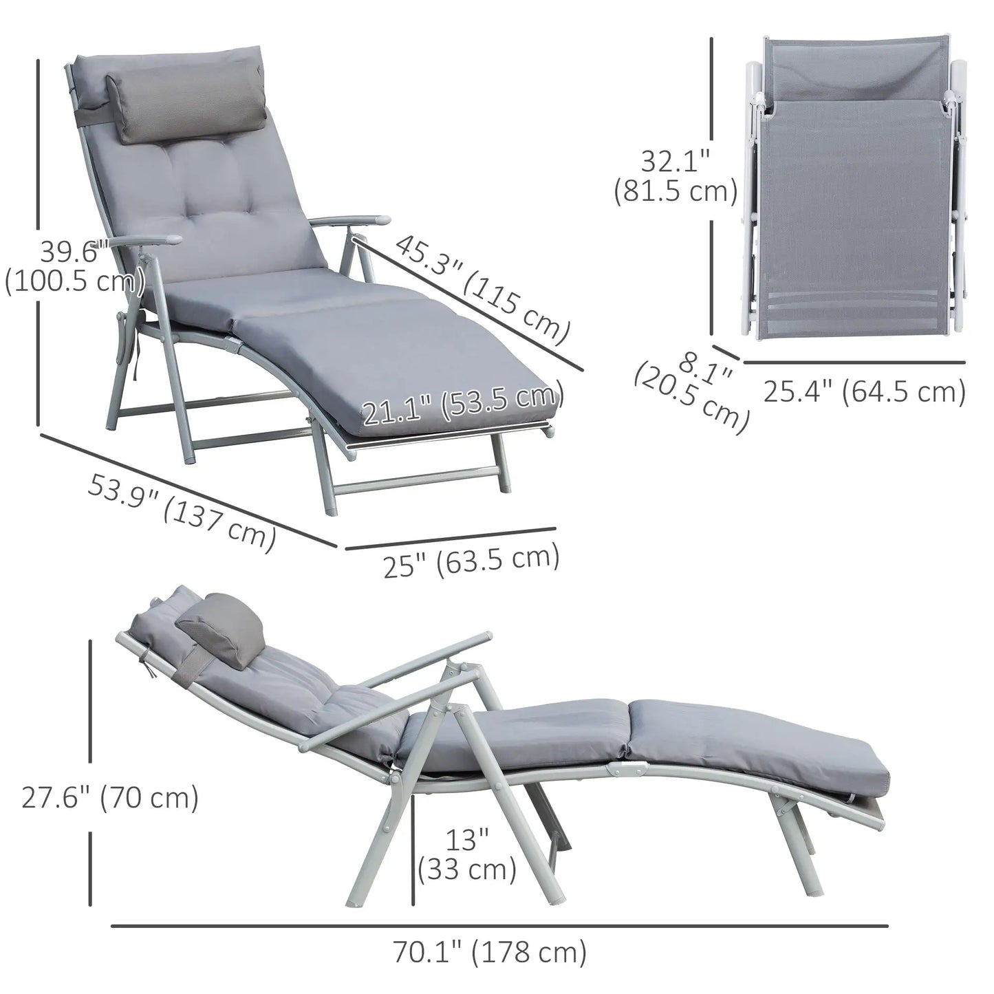 Outdoor Folding Chaise Lounge, Adjustable Backrest, Cushion, Headrest, Grey Lounger Chairs at Gallery Canada