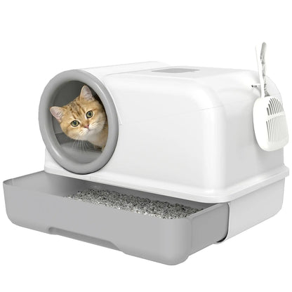 Hooded Cat Litter Box, Easy Clean Drawer, Odor Control, White Grey Cat Litter Box Enclosures at Gallery Canada
