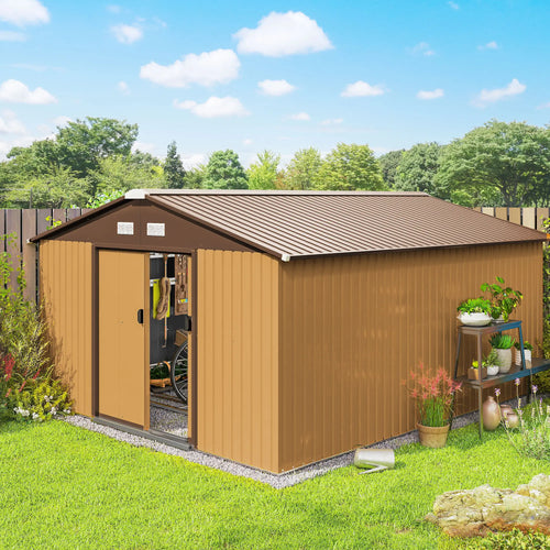 11' x 13' Garden Storage Shed, Metal Tool House, Double Doors, Yellow