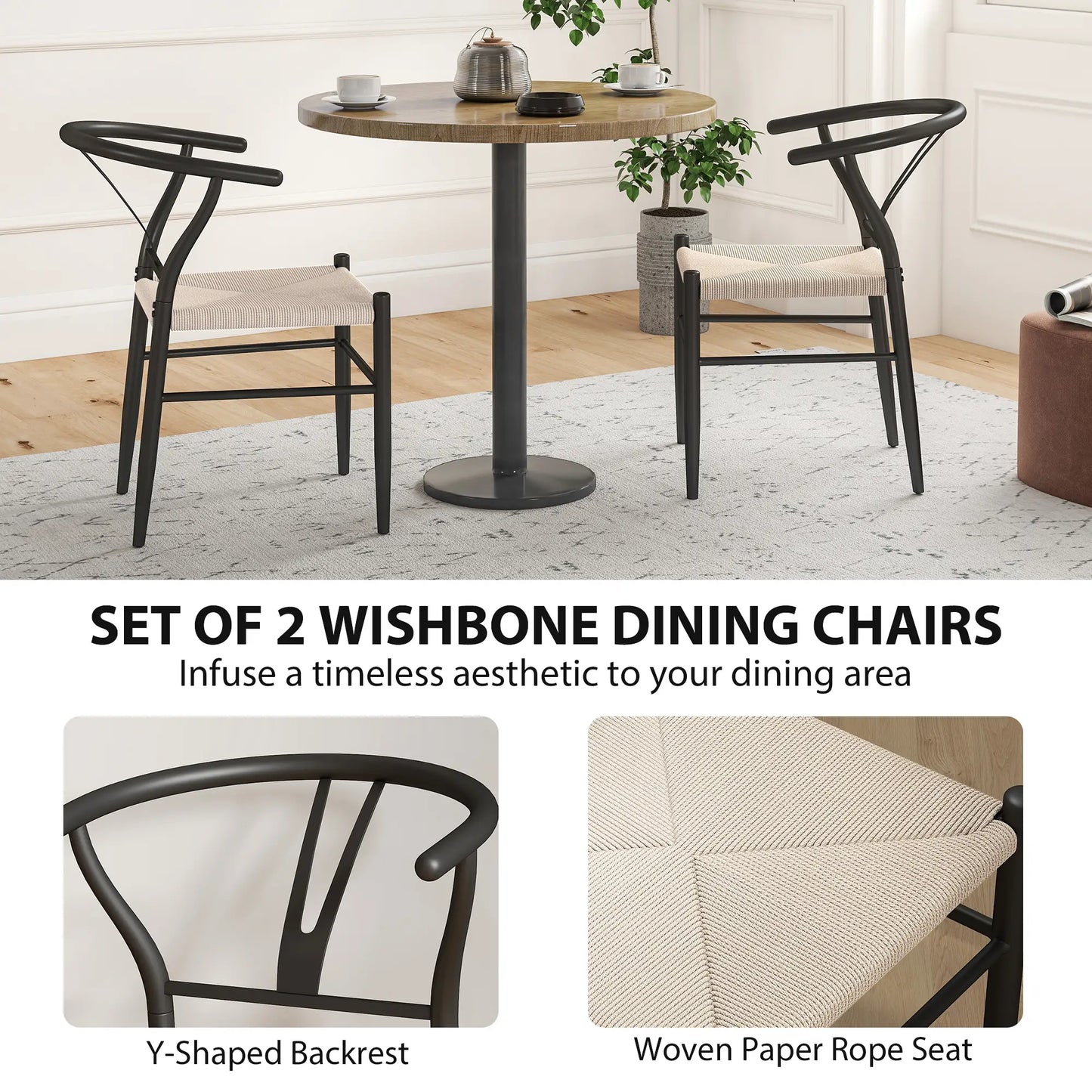 Set of 2 Weave Dining Chairs, Mid-Century Modern, Y-Shaped Backrest, Hemp Seat, Black Dining Chairs at Gallery Canada