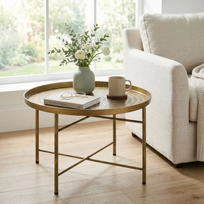 Vintage Coffee Table for Living Room, 24" Round Center Table with Hammered Tray Top and Metal Frame, Gold Coffee Tables at Gallery Canada