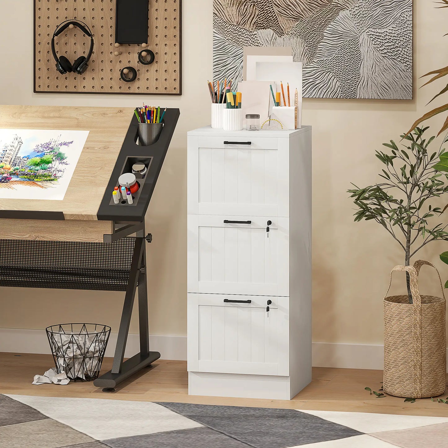 3 Drawer Filing Cabinet with Lock, Office Storage, A4 Letter Size, White Office Cabinets & Cupboards at Gallery Canada