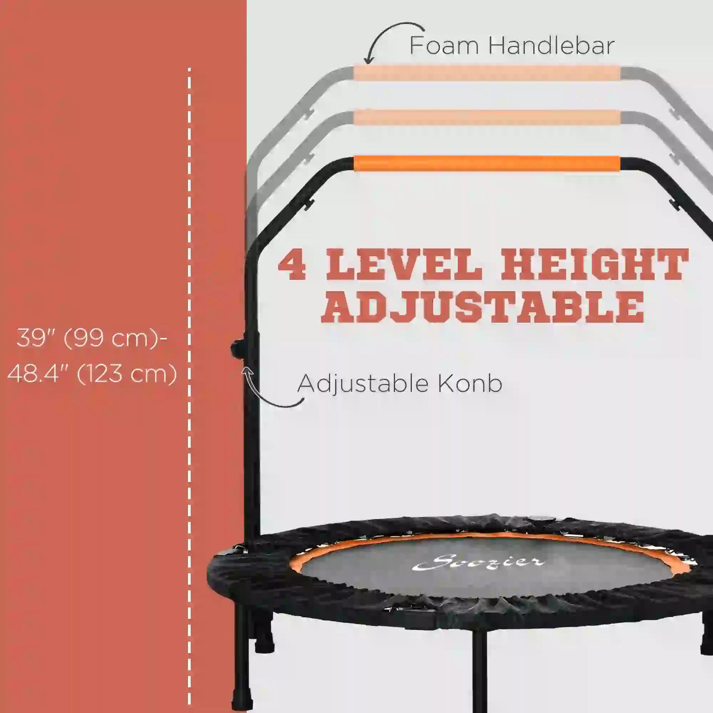 40" Foldable Mini Trampoline, Adjustable Foam Handle, Orange Trampolines at Gallery Canada