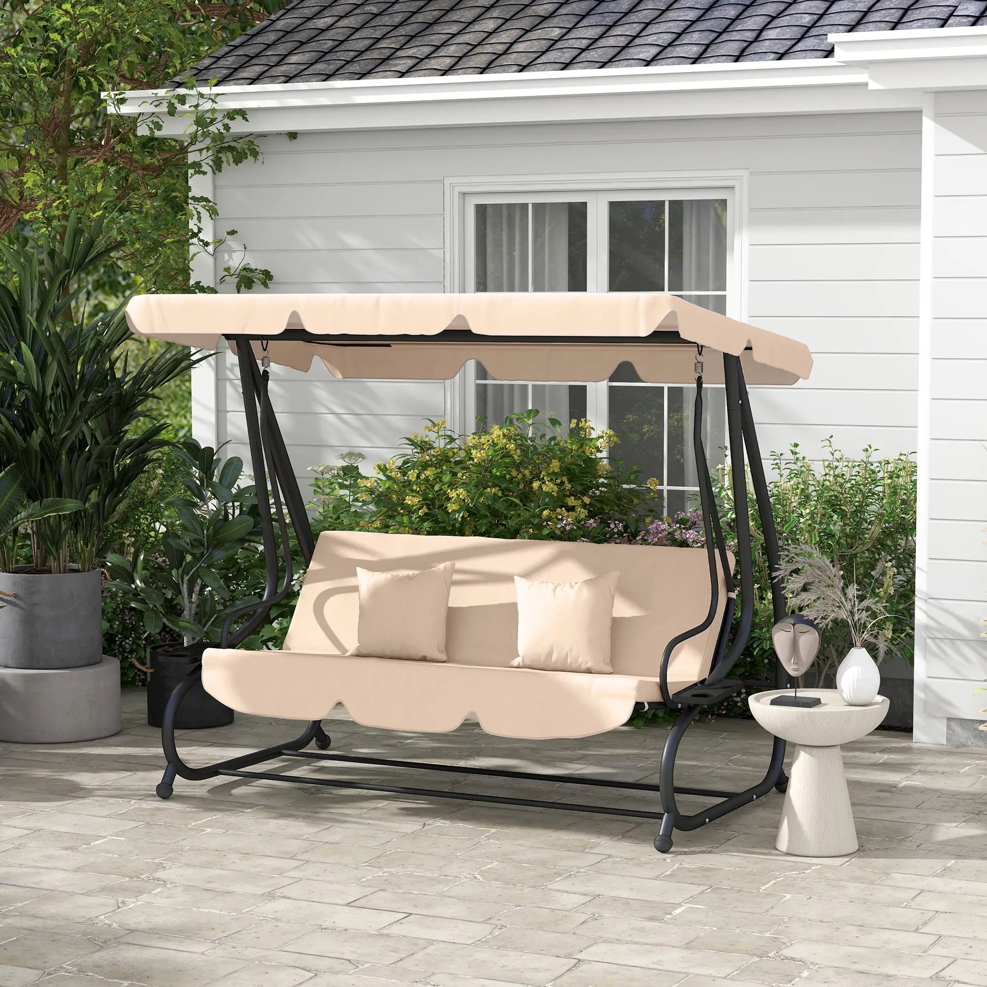 3-Seat Outdoor Swing Chair, Adjustable Canopy, Removable Cushions, Light Brown Porch Swings with Canopy at Gallery Canada
