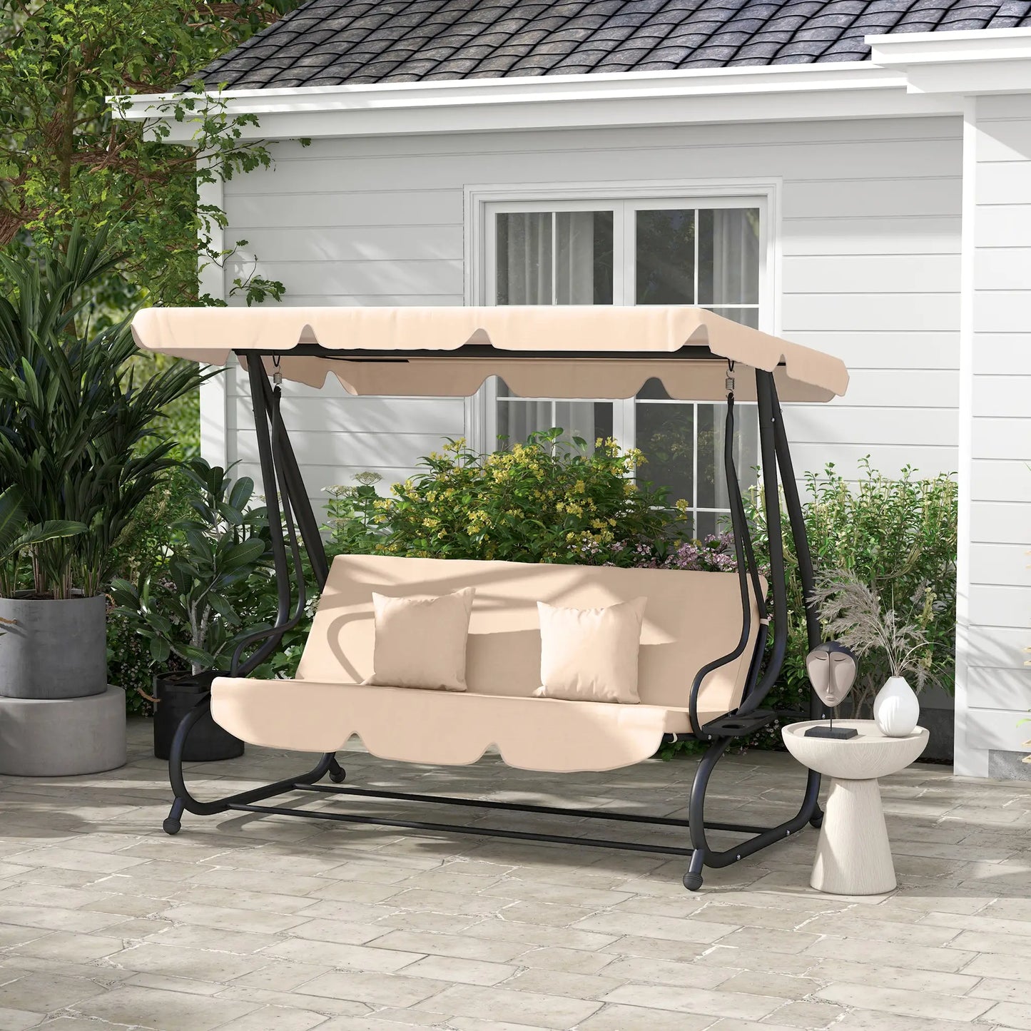 3-Seat Outdoor Swing Chair, Adjustable Canopy, Removable Cushions, Light Brown Porch Swings with Canopy at Gallery Canada