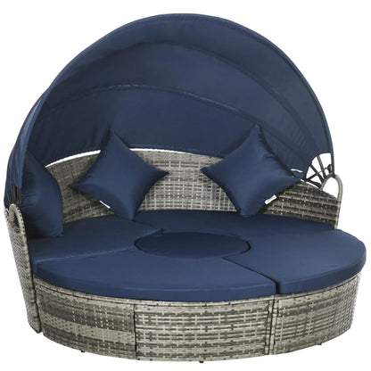 Outdoor Daybed with Retractable Canopy, PE Rattan Wicker Round Sofa, Dark Blue Daybeds Grey Rattan, Dark Blue Cushion at Gallery Canada